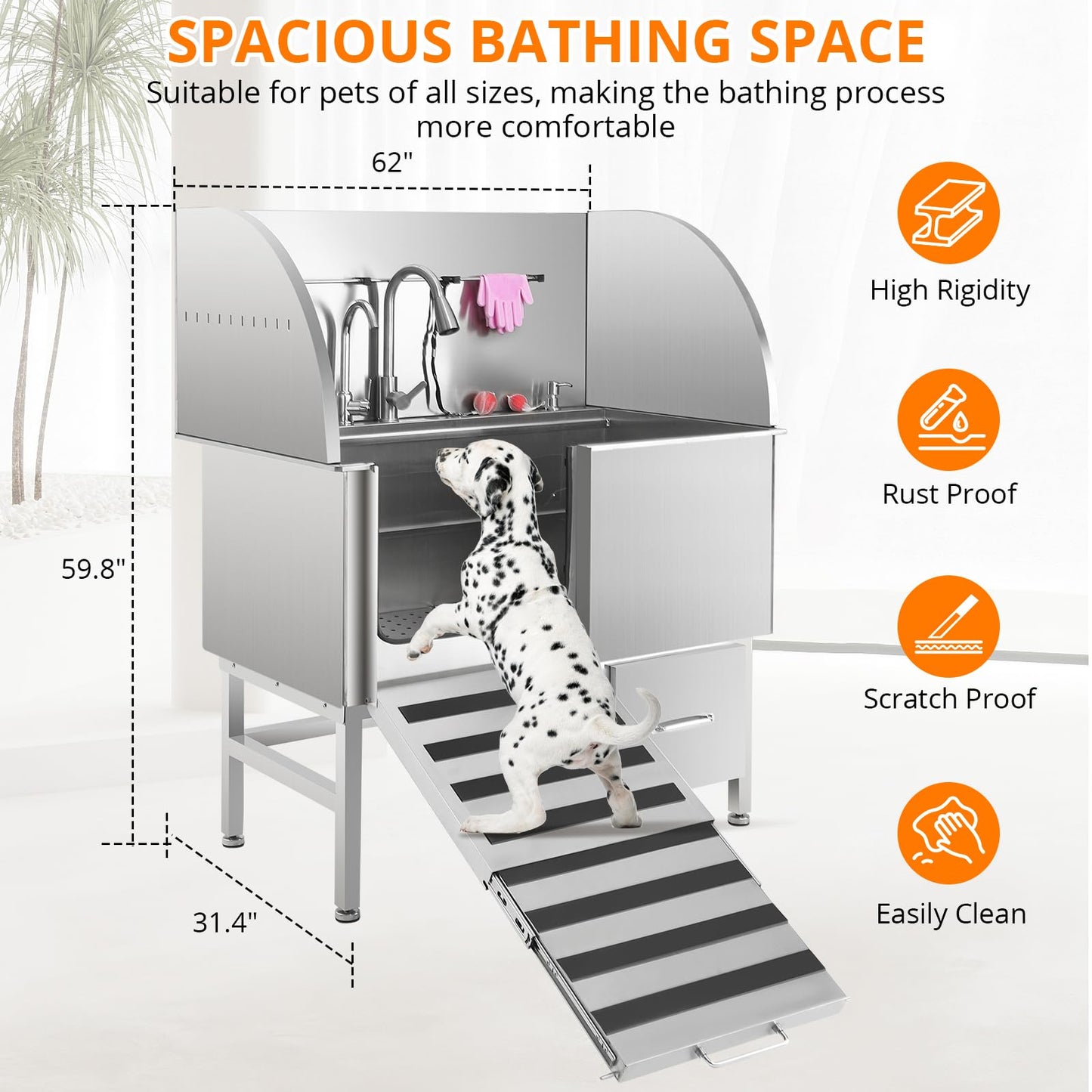Dog Washing Station, 50 Inch Professional Stainless Steel Dog Bathing Station, Dog Grooming Tub for Large, Medium & Small Dogs, Dog Bathtub with Ramp, Drawer, Floor Grate & Fauct(Left Ramp, 50")