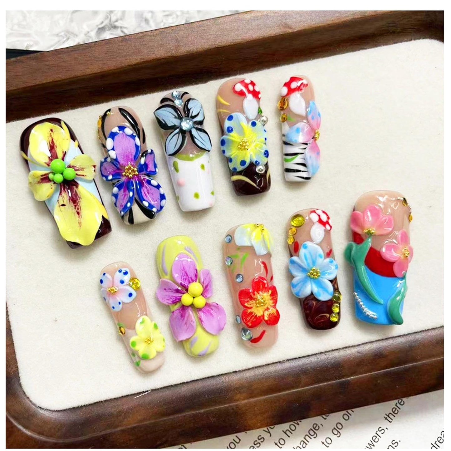 Handmade 3D Floral Art Colorful Square Press On Nails, Sweet Rhinestone Artisan Nails Set, Reusable Glossy Press-ons with Tool Kit(XS)