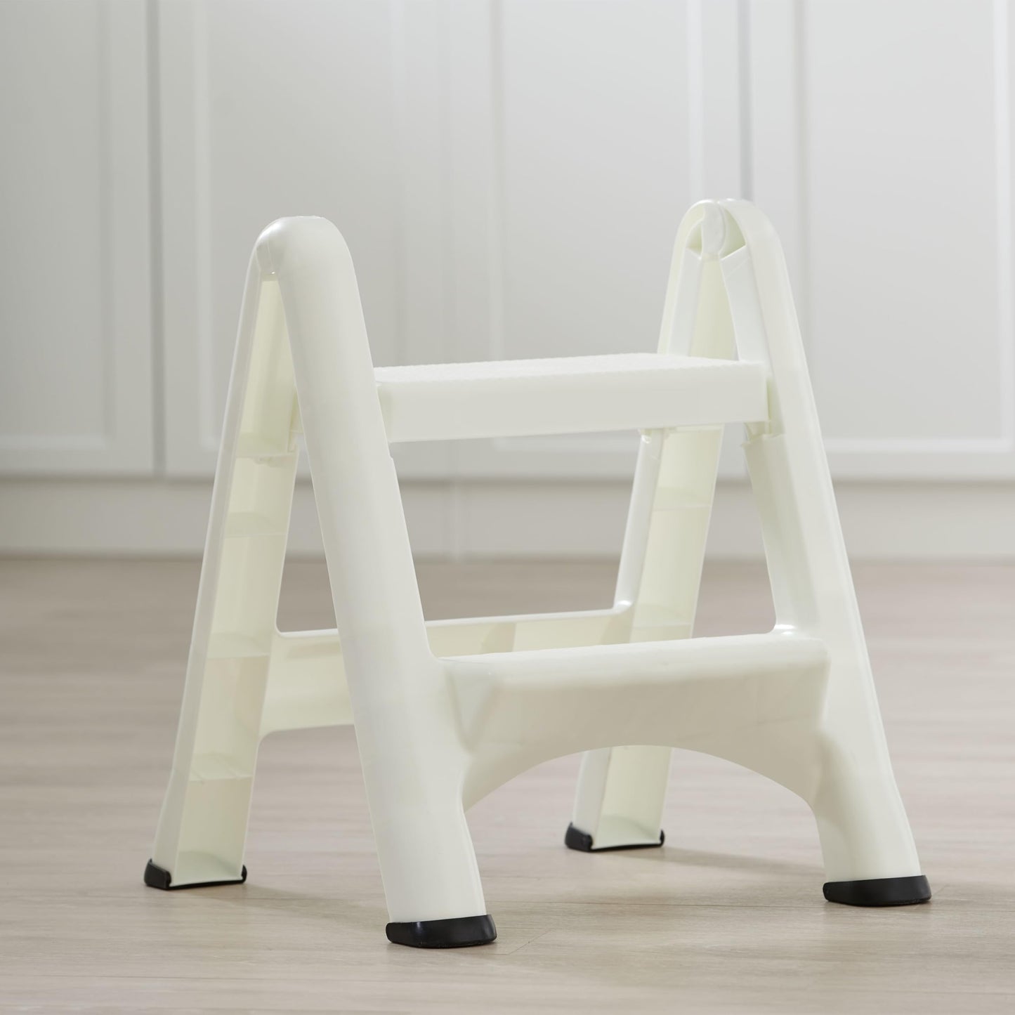 Rubbermaid Two-Step Folding Foot Stool 14-Inch High White 300 Pound Capacity Small Step Stool for Adults/Kids for Use in Library/Kitchen/Bathroom/Garage/Closet