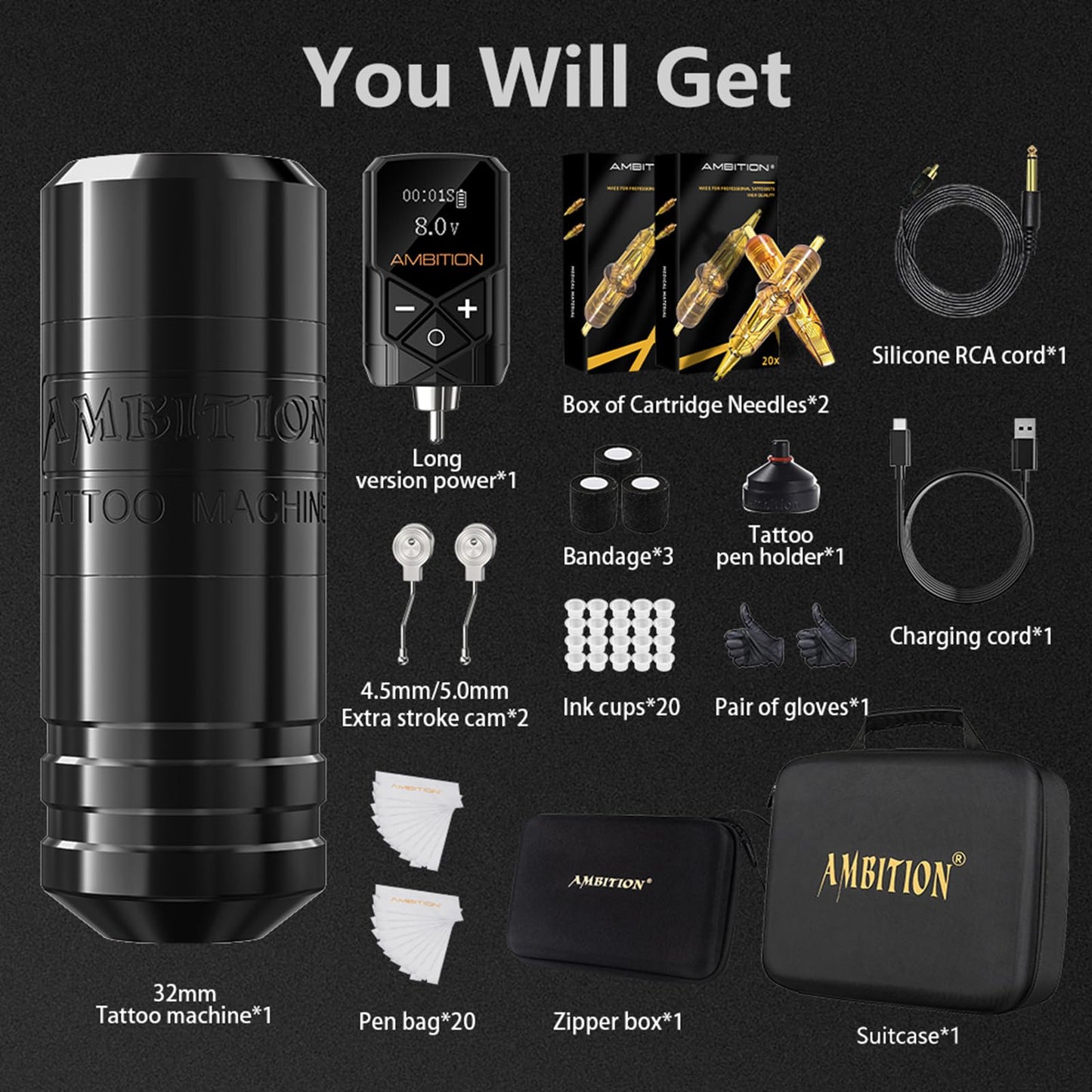 Ambition Torped Tattoo Kit - Rotary Tattoo Machine Kit with 2400mAh Power Supply Brushless Motor Tattoo Gun Kit 40pcs Mixed Size Glory Tattoo Cartridge Needles Gloves for Professional Tattoo Artist