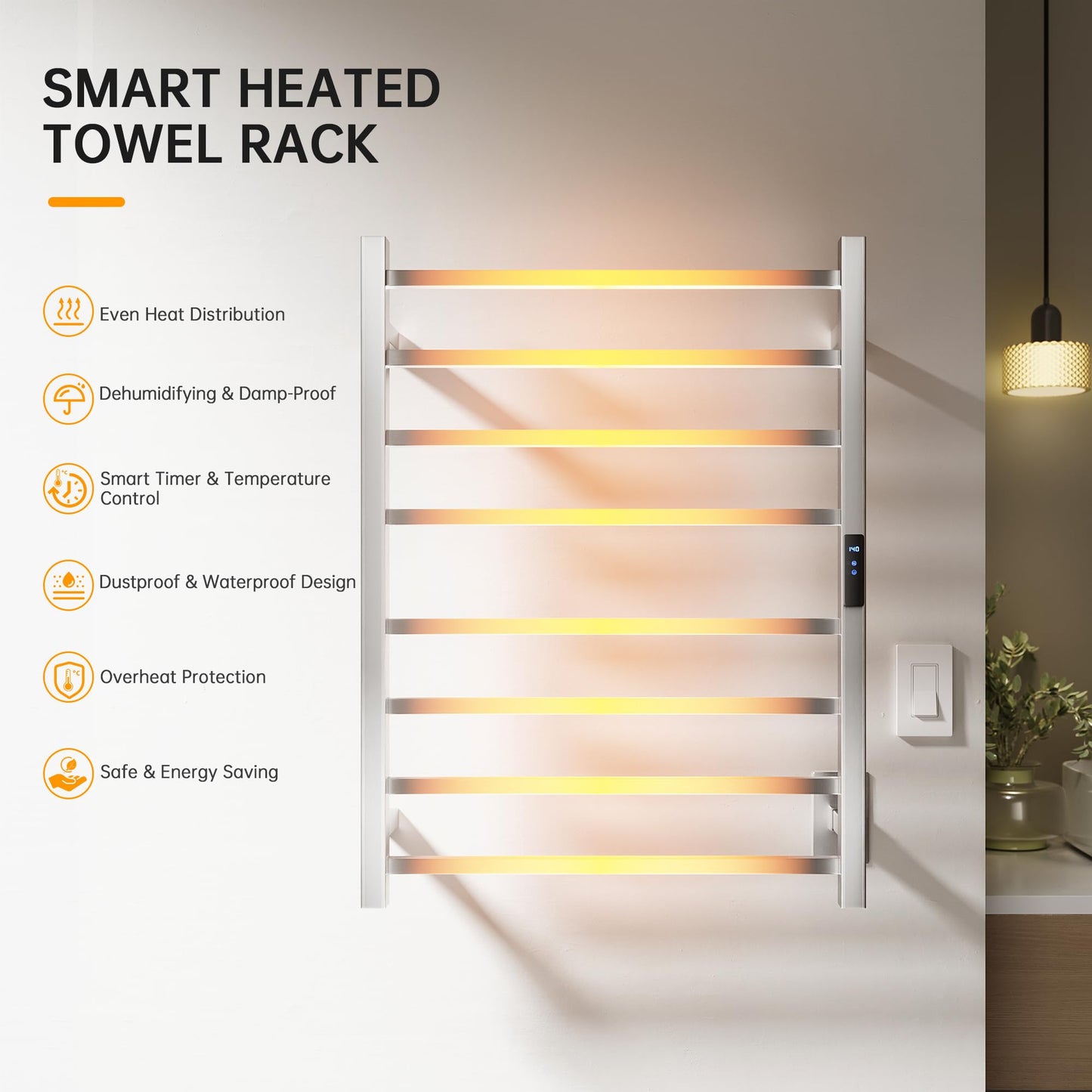AquivaCoast Towel Warmer Rack, Heated Towel Racks for Bathroom, Wall Mounted Towel Warmer, Stainless Steel 8-Bars Drying Rack with Intelligent Touch Screen Timer, Brushed Nickel