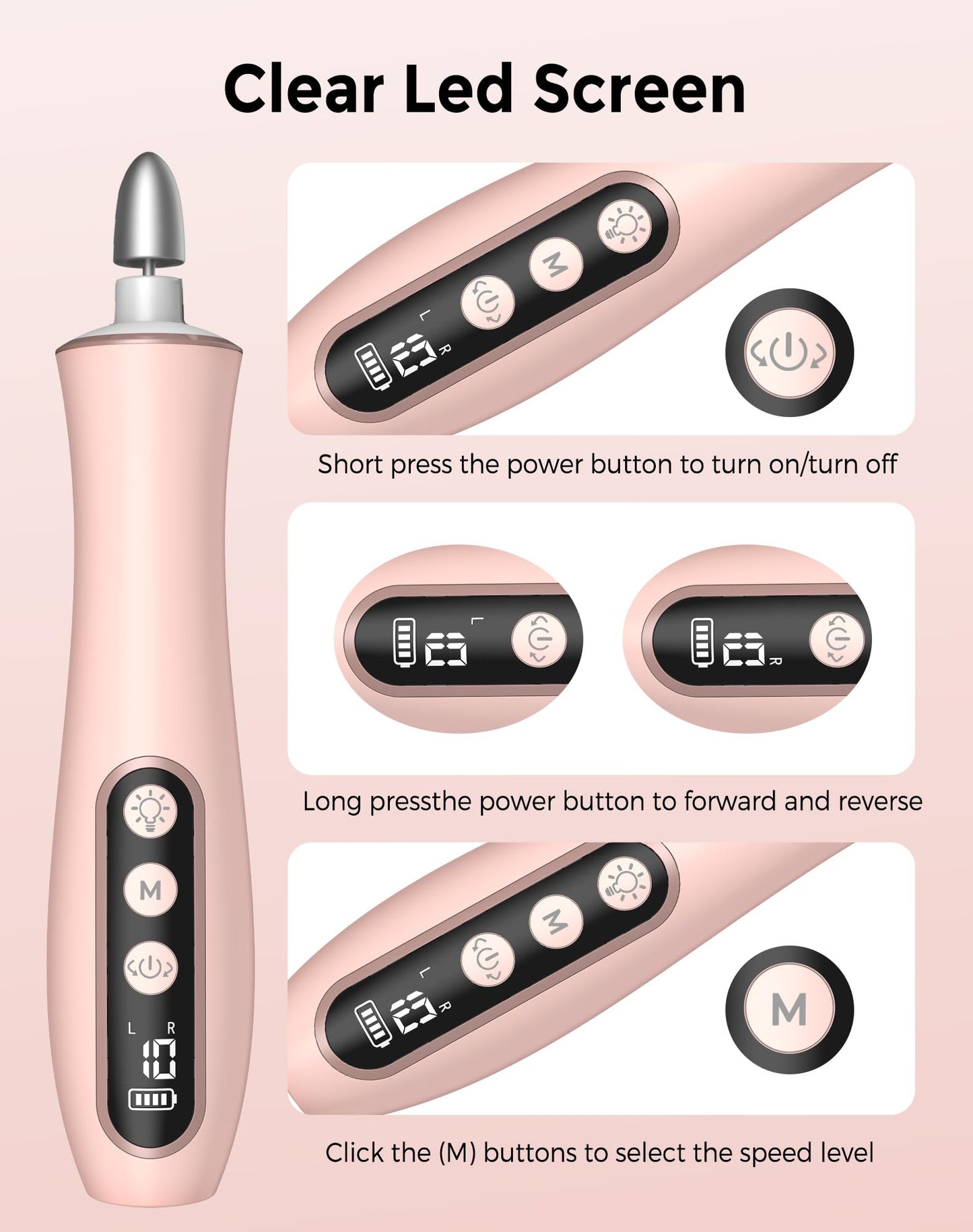 Cordless Nail Drill Electric Nail File, 10-in-1 Manicure Pedicure Kit Nail Grinder Set, 14000 RPM Rechargeable Acrylic Nail Tool, 10 Speeds LED Light LCD Display for Human, Toenails, Home(Pink)