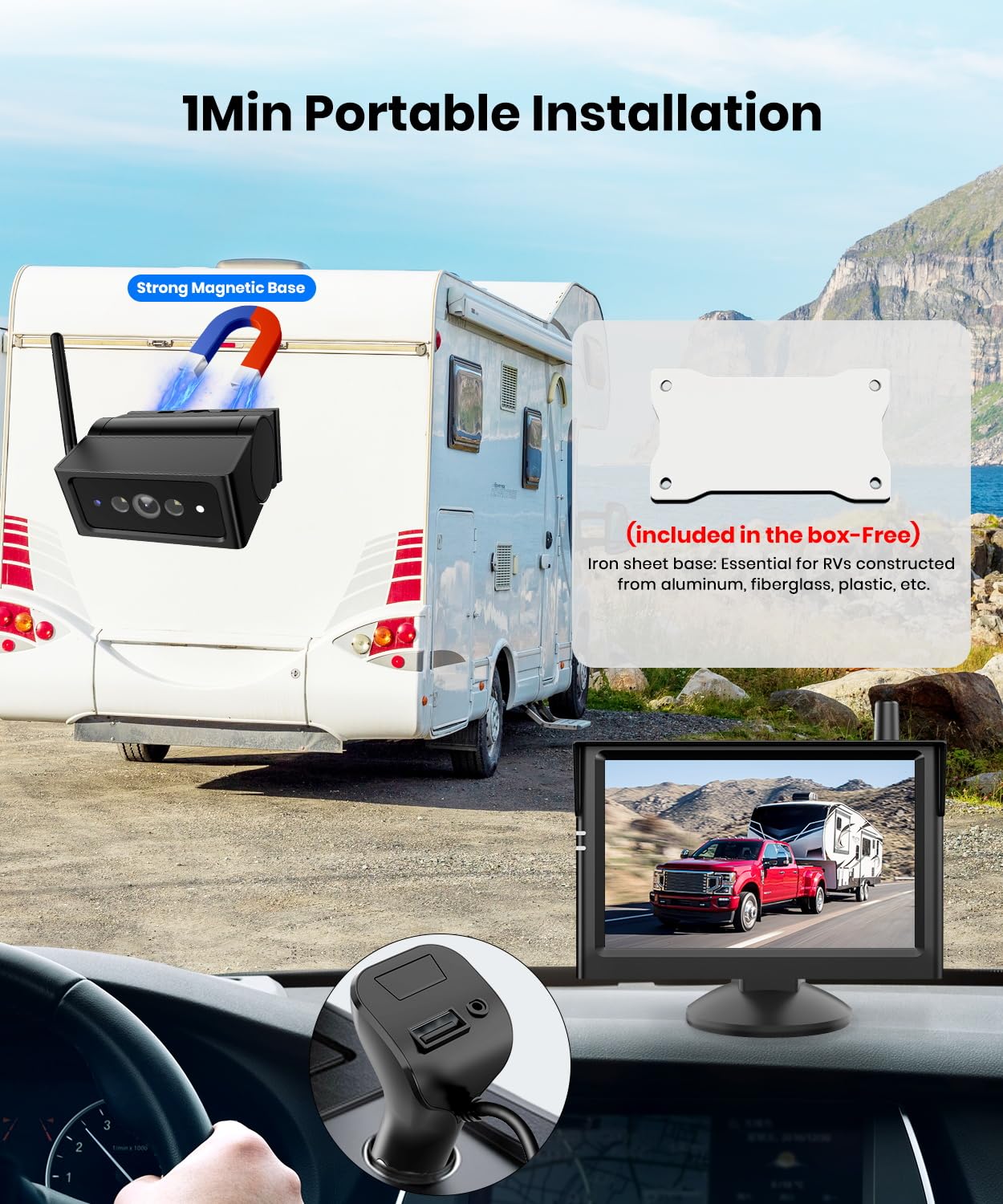 AUTO VOX Wireless Backup Camera Magnetic:Portable No Wiring 1 Min Install Trailer Hitch Camera,2-Channel HD 1080P Car Monitor & IR Night Vision Back Up Camera Systems for Truck,RV (5 inch)