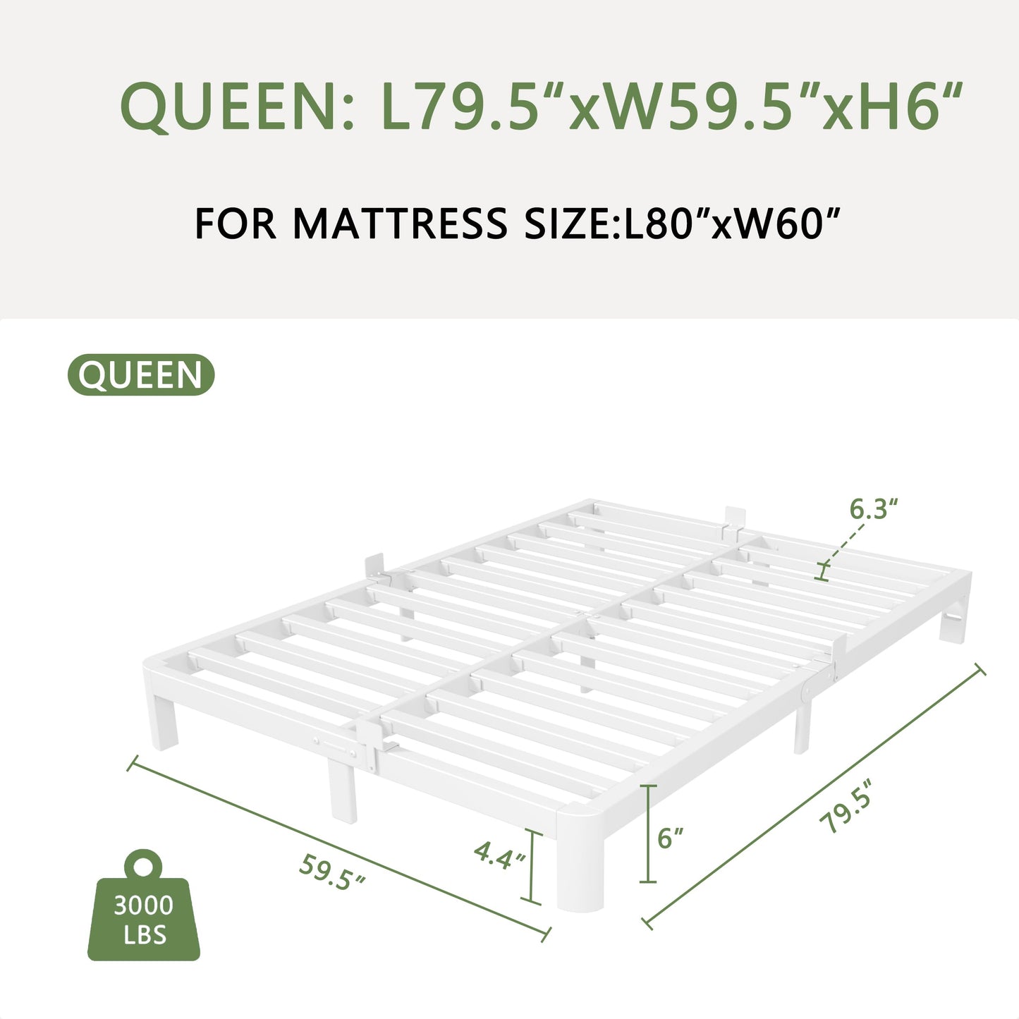 KZZLOL 6 Inch White Low Profile Bed Frame Queen, Low Queen Size Bed Frame No Box Spring Needed, Mattress Stopper, DIY Headboard, Heavy Duty Beds Support 3000 LBS, Rounded Leg, Easy Assembly, Noiseless