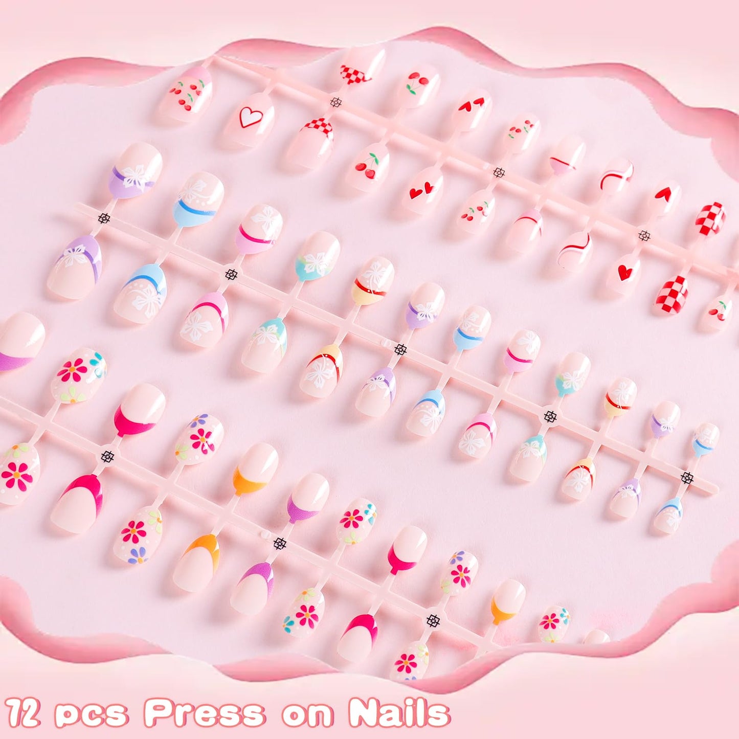 SIUSIO 3Pack Children Acrylic Fake Nails, 72pcs Press on Full Cover Cherry French Tips Short Almond False Nail Art Kits Set with Sticker Tabs Nail Glue Gel for Kids Little Girls Women - Floral Cherry