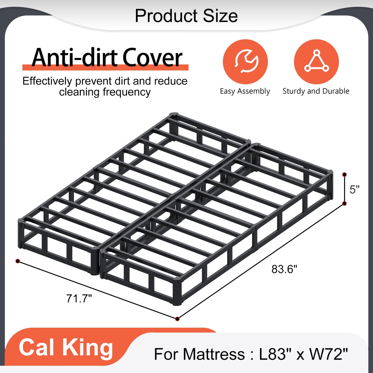 Yicensen Split California King Box Spring 5 Inch, Low Profile Heavy Duty Metal Box Spring Cal King Size with Fabric Cover, Noise-Free, Quick Assembly