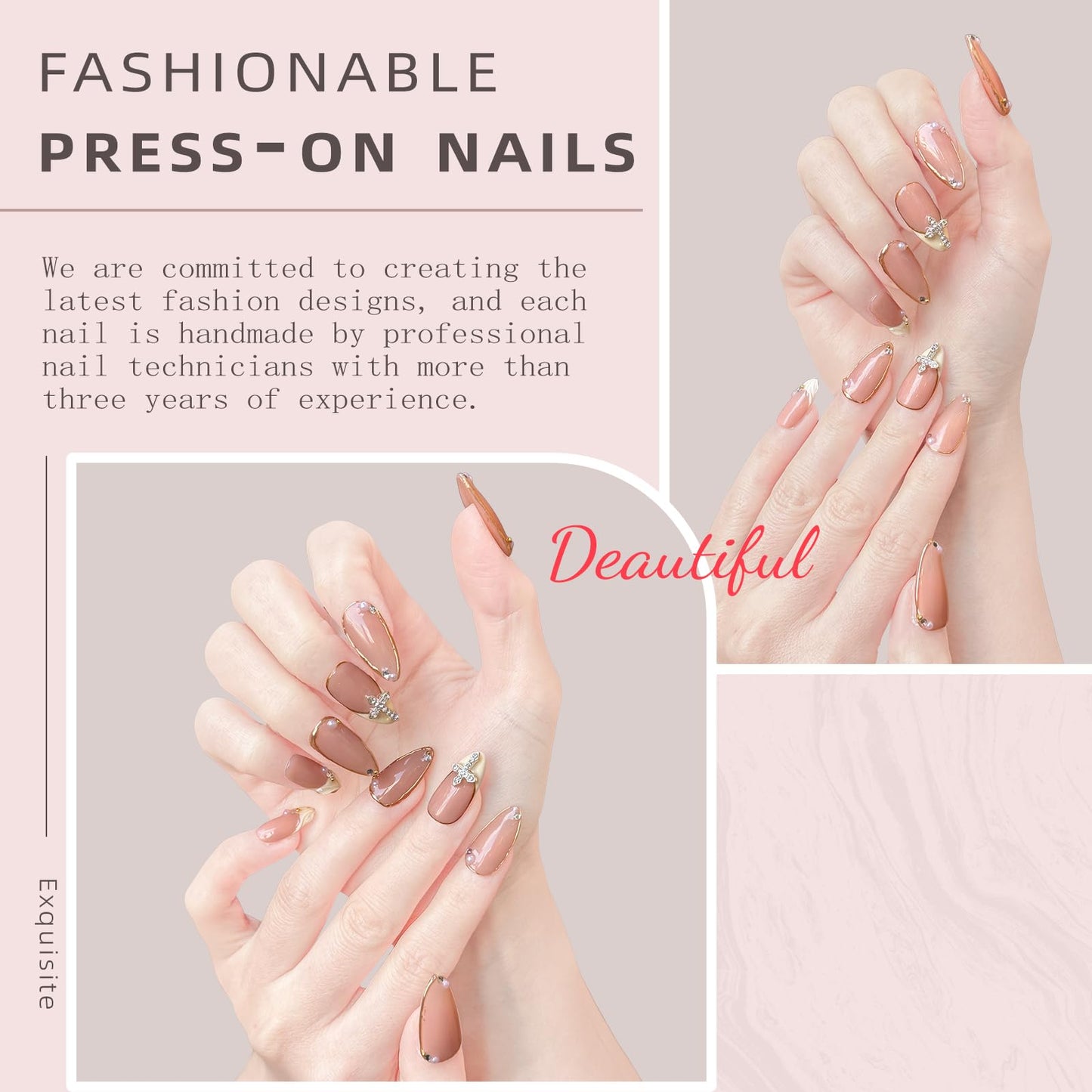 Luxury Handmade false nails,3D Gold French Cross Press-On Nails – Medium Almond Shape False Nails with Rhinestone Embellishments, Elegant Reusable Stick-On Nails(10PCS-M)