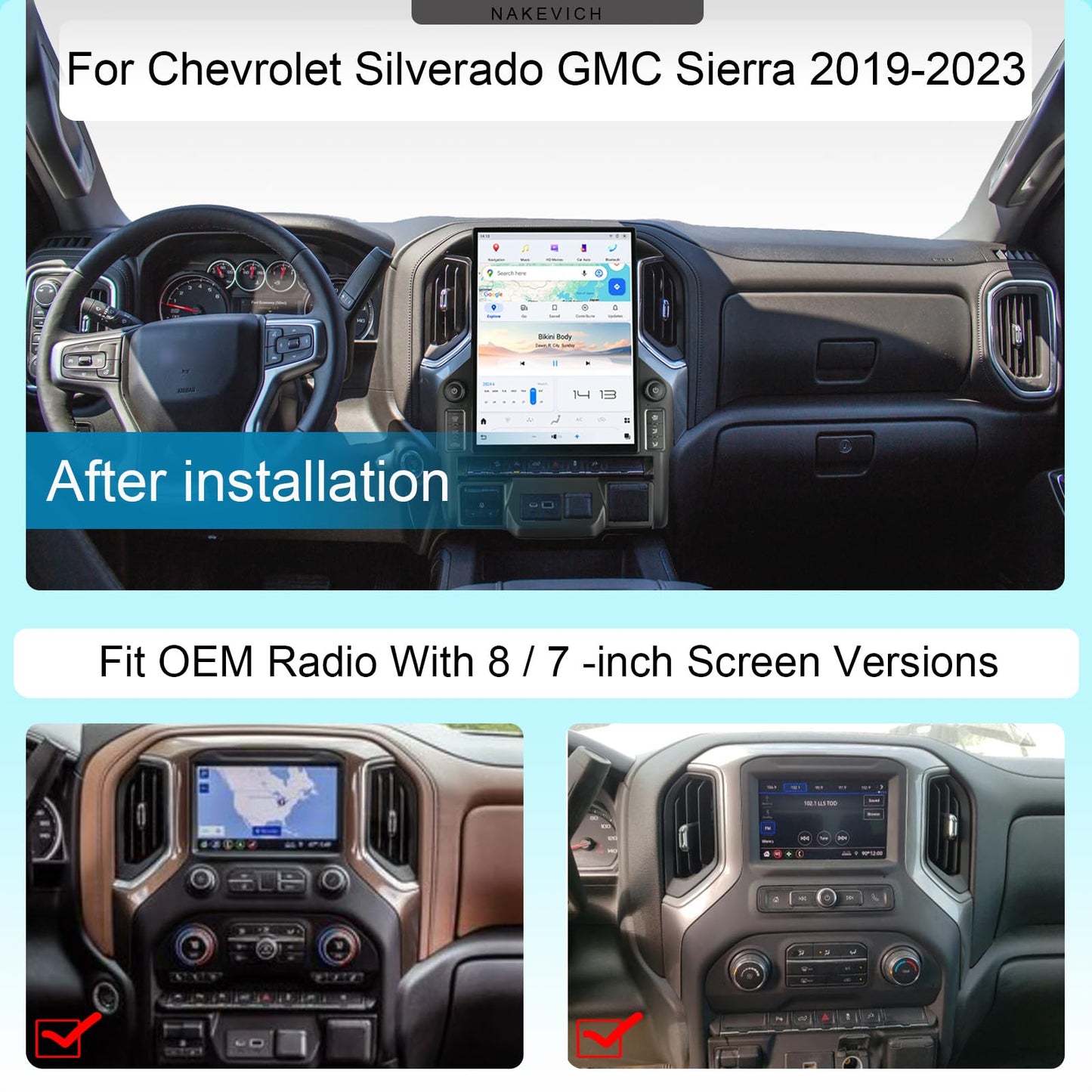 NAKEVICH Car Radio for Chevrolet Chevy Silverado GMC Sierra 2019 2020 2021 202 2023 2024 Stereo Upgrade Qualcomm Android 13 Tesla Style Head 15.6 Inch IPS Touch Screen Player GPS Navi
