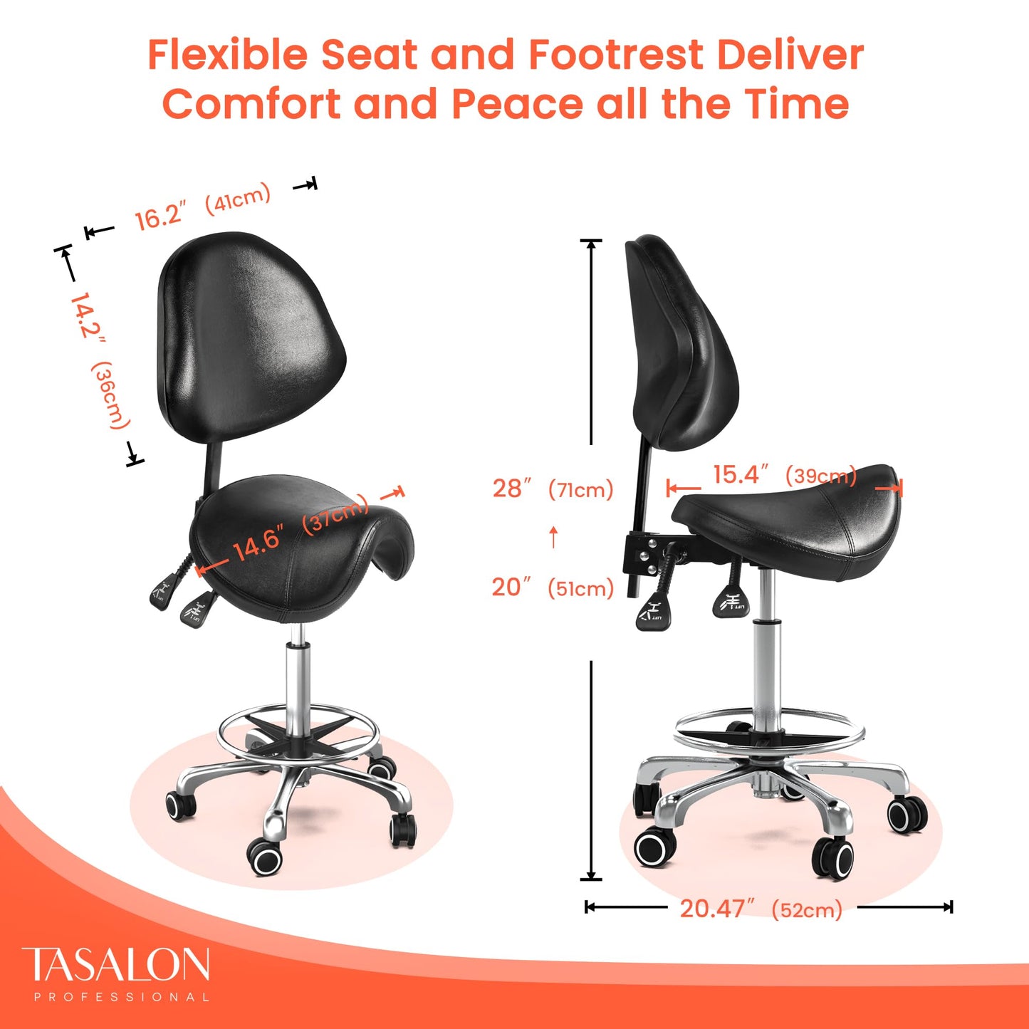 TASALON Saddle Stool with Back Support Ergonomic Adjustable Stool with Wheels - Swivel Salon Cutting Stool for Kitchen, Salon, Spa, Tattoo, Pedicure, Massage -Esthetician Chair – Black