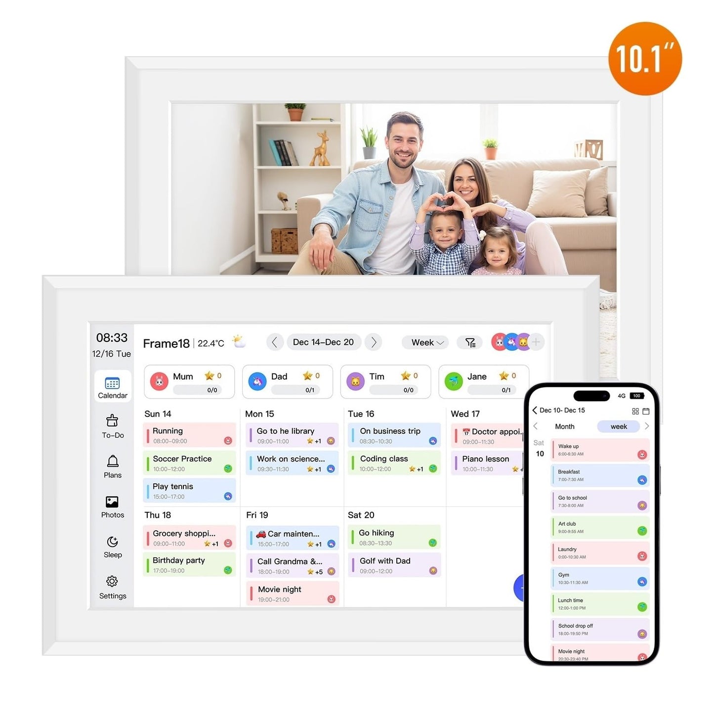 10.1" Smart Digital Calendar and Cloud Photo Frame Wall Planner with Chore Charts Meal Planning 32GB Storage 1280x800P IPS Touchscreen Desk Calendar Interactive Display for Family Schedules White