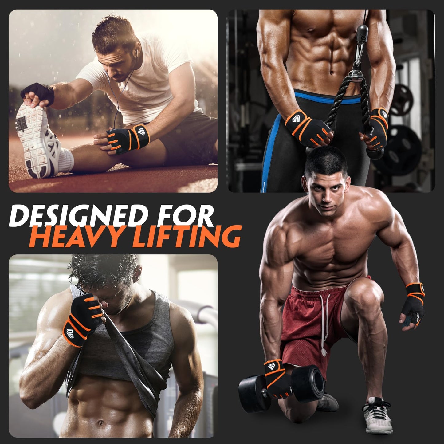 HTZPLOO Workout Gloves Gym Gloves Weight Lifting Gloves for Men Women with Full Palm Pad,Strong Wrist Wraps Support,Enhanced Grip,for Fitness,Training,Weightlifting,Exercise (Black&Orange, Large)
