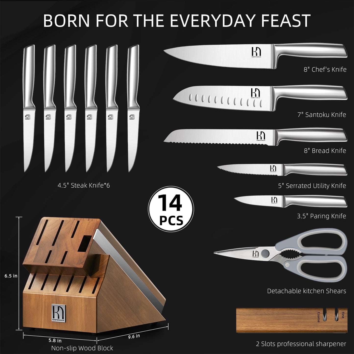 KnifeSaga Knife Block Set with Two-stage Sharpener, 14-Piece | Razor Sharp Japanese Stainless Steel Kitchen Knives with Ergonomic Handles