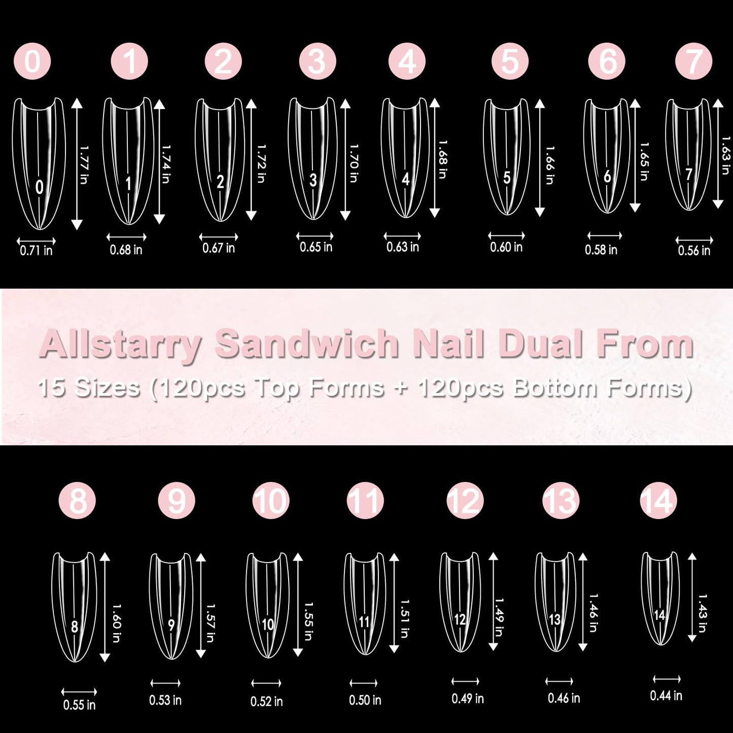 Allstarry Sandwich Dual Nail Forms, Reusable Sandwich Dual Forms 240pcs 15 Sizes Almond Pointed Nail Extensions Plastic Poly Gel Nails Forms for Builder Gel No Paper Forms Need Moldes Dual Nails Mold