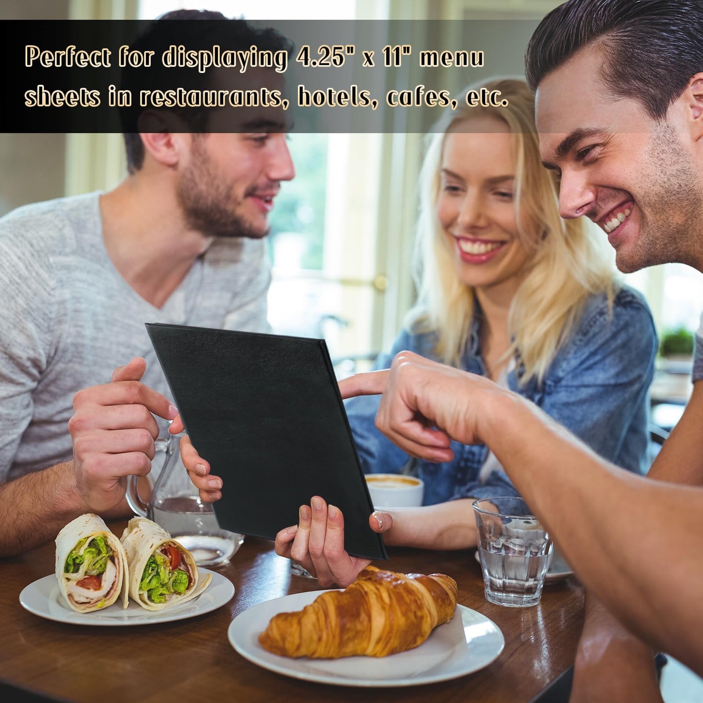 FLKQC Restaurant Menu Covers Holders 4.25" x 11" | Pack of 10 Synthetic Leather Triple Fold Panels 4 View Angled Corners Black for Wine List, Drinks (10, Triple Fold Panels 4 View (4.25 x 11 inch))