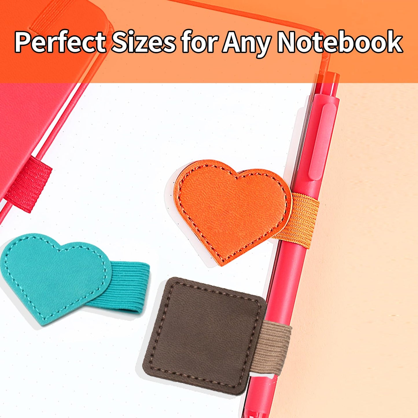 8-Pack Square & Heart Self-Adhesive Elastic Pen Loop Holders β Sticky Pen Holders for Notebook, Bible, Planner, Journal, Diary & Sketchbook β Elastic Design, 8 Colors Included