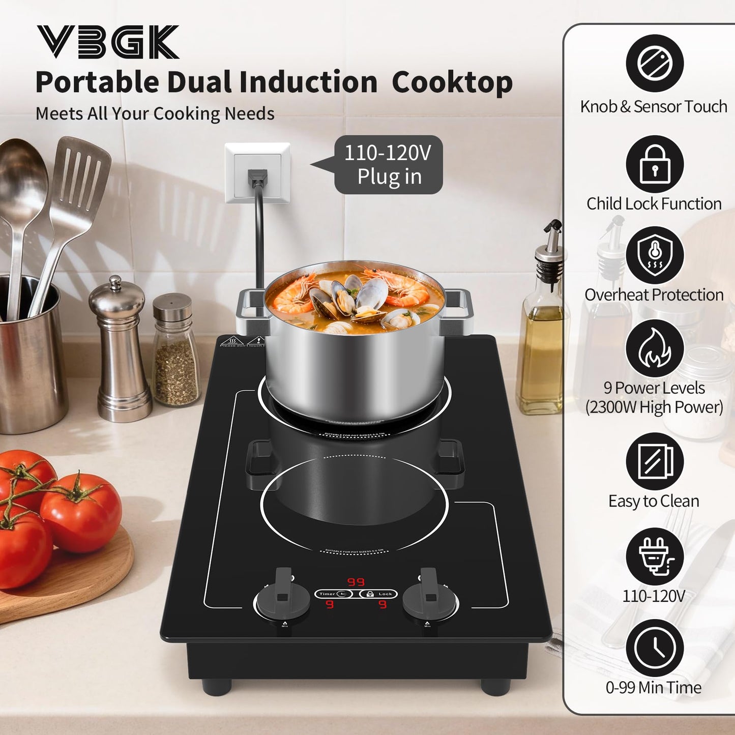 VBGK Induction Cooktop,110V 2300W 2 burner hot plate with Knob Control,9 Power Levels, Kids Lock & Timer,LED touch control,Overheat Protection Electric stove,2 burner induction cooktop