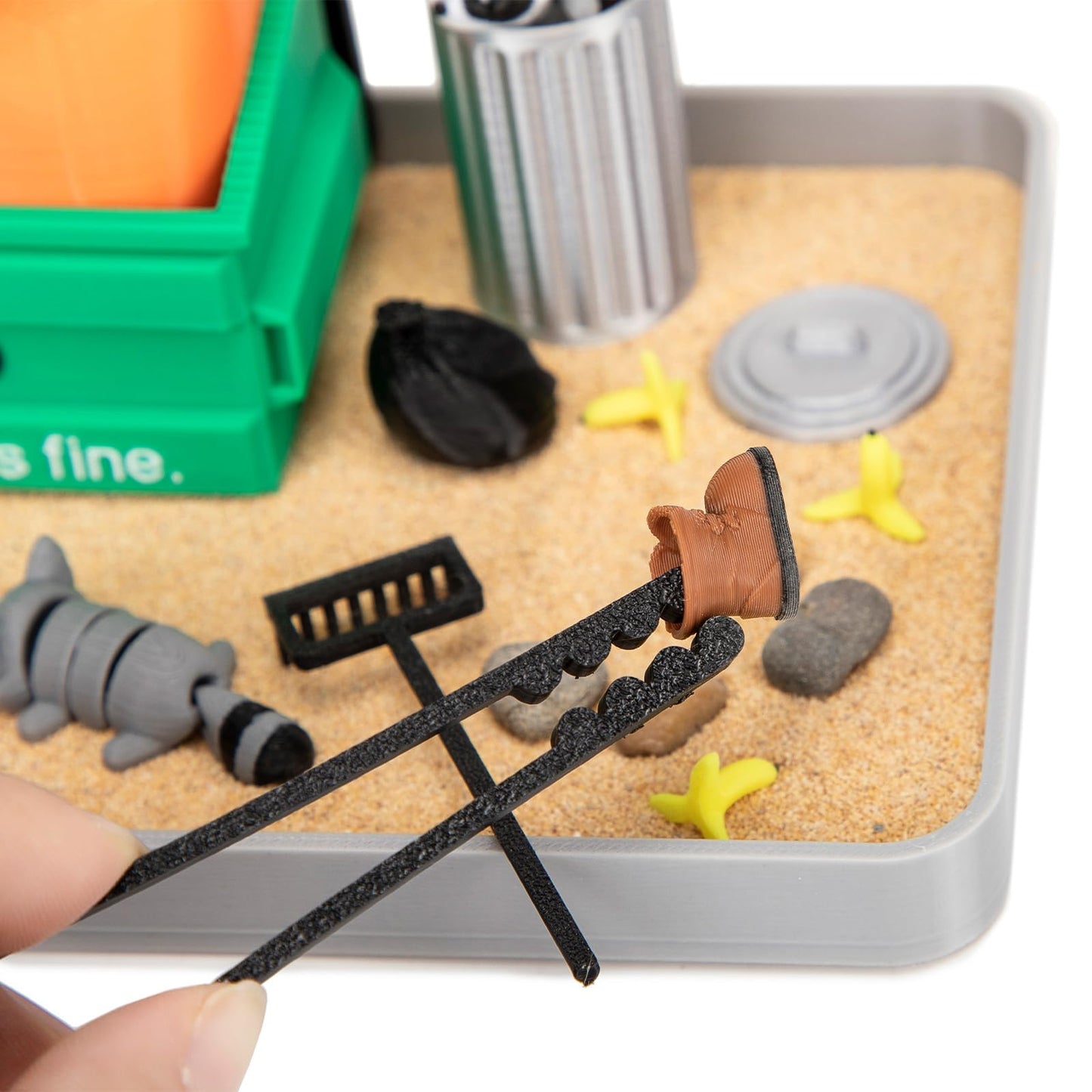 Stylor Dumpster Fire Zen Garden Desk Decor - 3D Print Plastic Miniature Sandbox with Raccoon & Flames, Humorous Office Stress Relief Gift, Includes Stones, Sand & Accessories