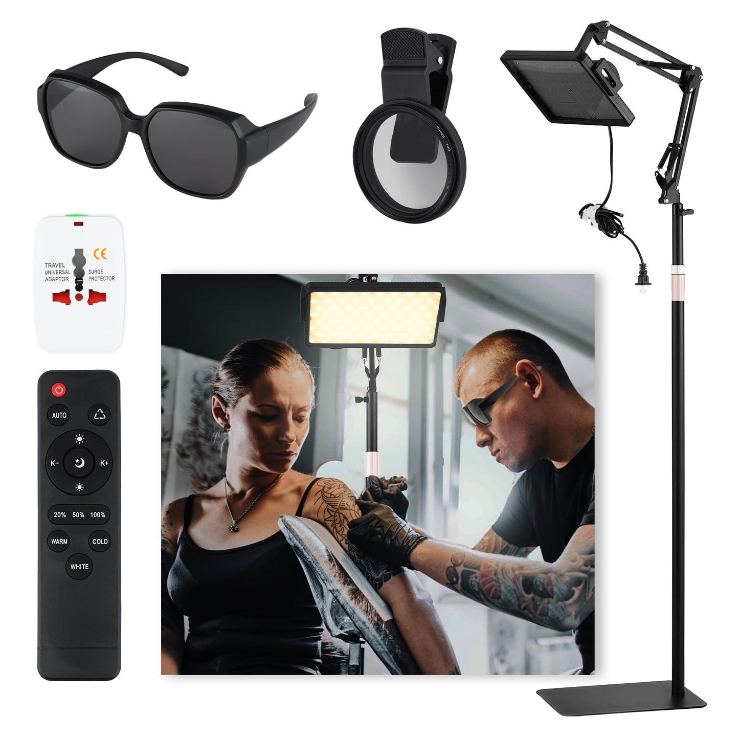Tattoo Light Kits and120 LED Polarized Light for Tattoo Kit with 52 mm Polarized CPL Len, Tripod Stand, LED Tattoo Lamp, Multi-Function Clip,iPad Clip Remove Glare for Taking Tattoo Photos and Live St