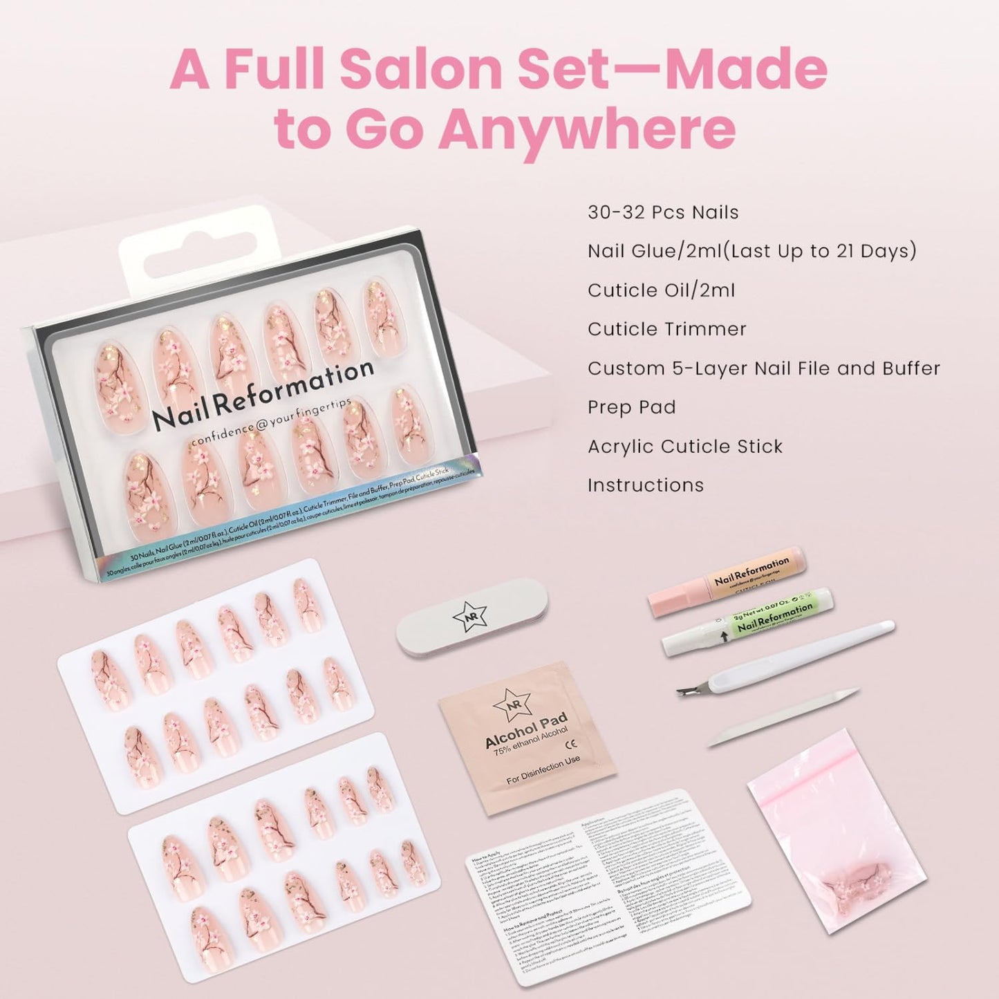 Nail Reformation Press On Nails, Soft Sakura | Floral Medium Almond Fake Nails with Gold Flecks on Sheer Nude Base, Salon Quality, Reusable Stick On Nails in 15 Sizes - 30 Nail Kit, Gifts for Women