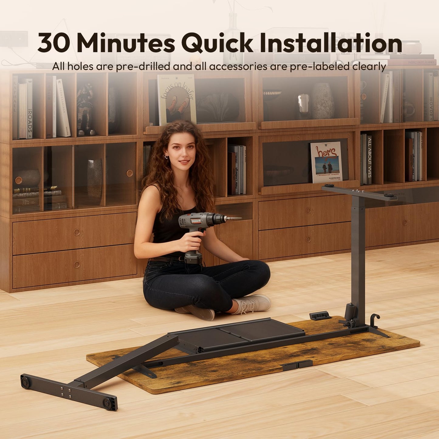 Gamork Electric Standing Desk with Drawers,48x24 inches Height Adjustable Sit-Stand Desk with Storage Shelf,3 Preset Heights,Equipped with Hooks,Ergonomic Gaming Table for Home and Study,Brown