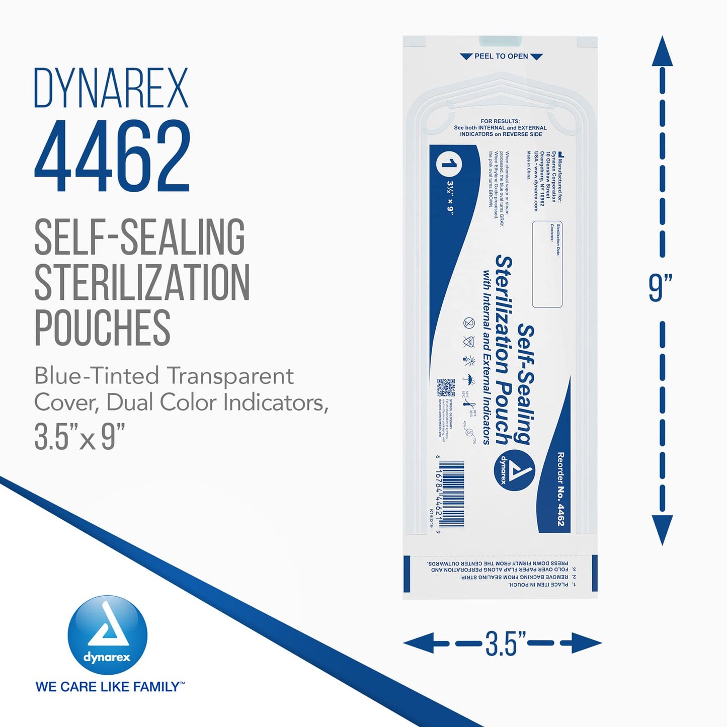 Dynarex Sterilization Pouches - Self-Sealing Autoclave Bags for Medical, Dental, Tattoo & Nail Care Tools - Blue-Tinted Transparent Cover, Dual Color Indicators - 3.5" x 9", 20 Boxes of 200