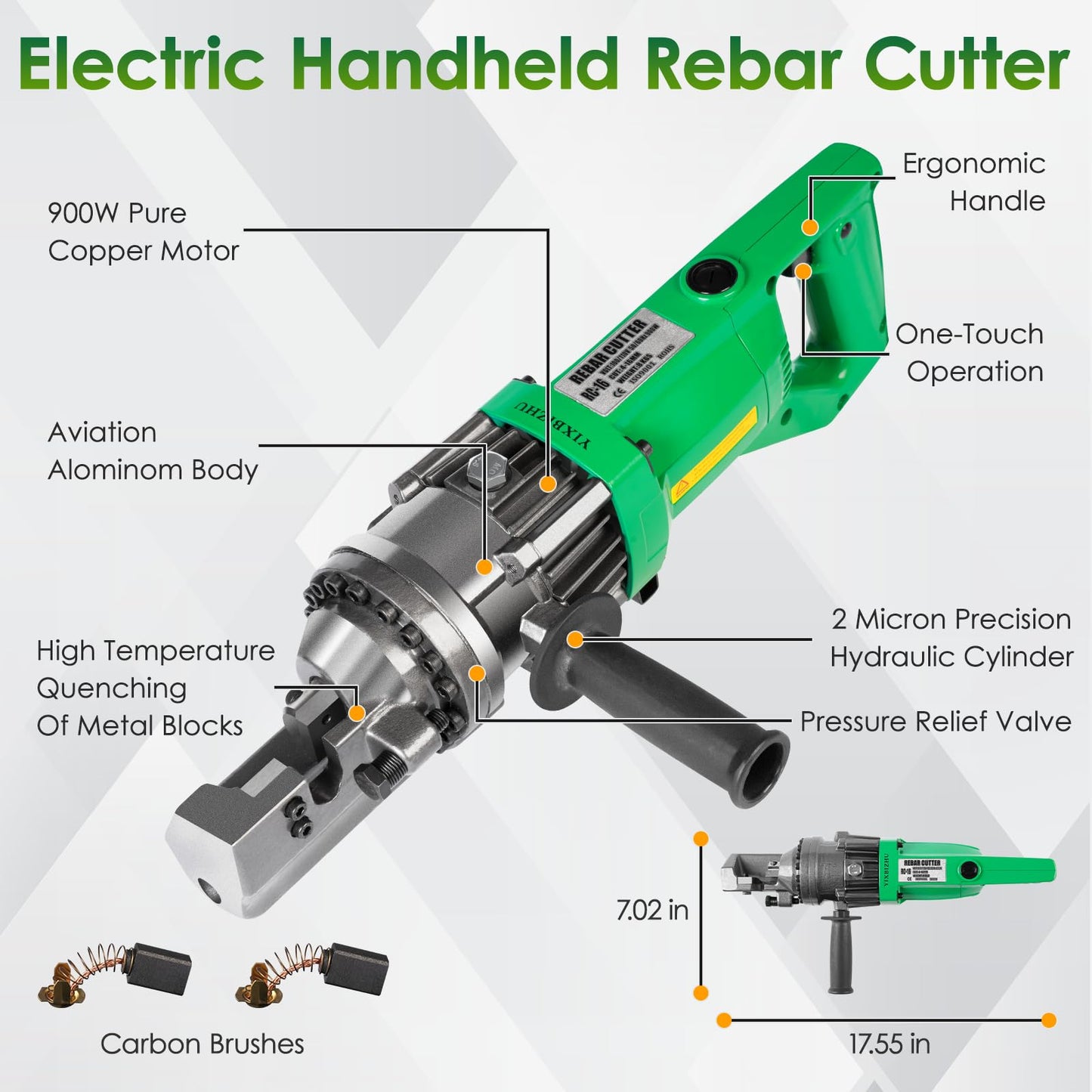 YIXBIZHU 900W Electric Hydraulic Rebar Cutter 4–16mm (#3–#5) Steel Bar in 1.5s, One‑Button Operation, Adjustable Bolt Jaw, 110V Portable Tool for Construction & Metalwork(RC-16)