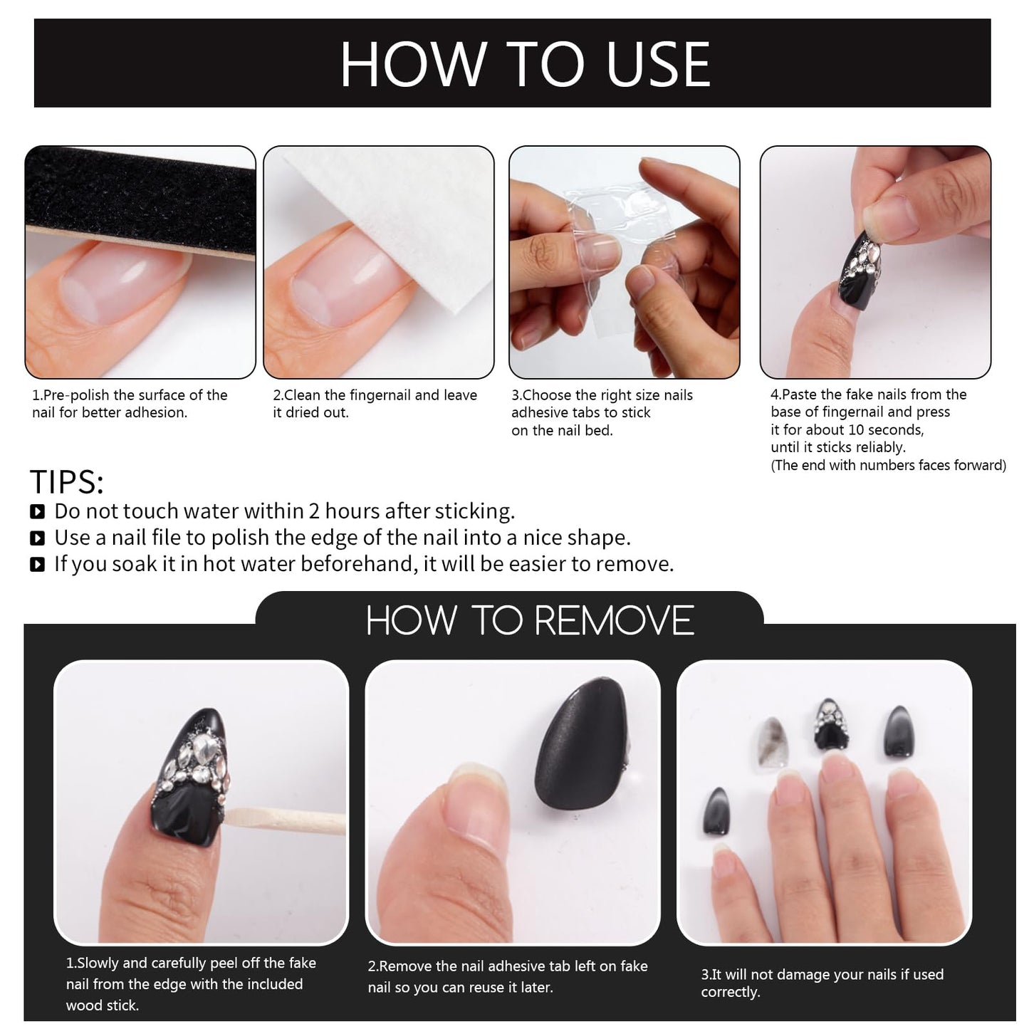 SILPECWEE 10PCS Almond Press On Nails, Black Cat Eye Fake Nails Crystal Rhinestone Nail Charms Medium Handmade Acrylic Press On Nails for Women Gel Flase Nails Manicure Supplies