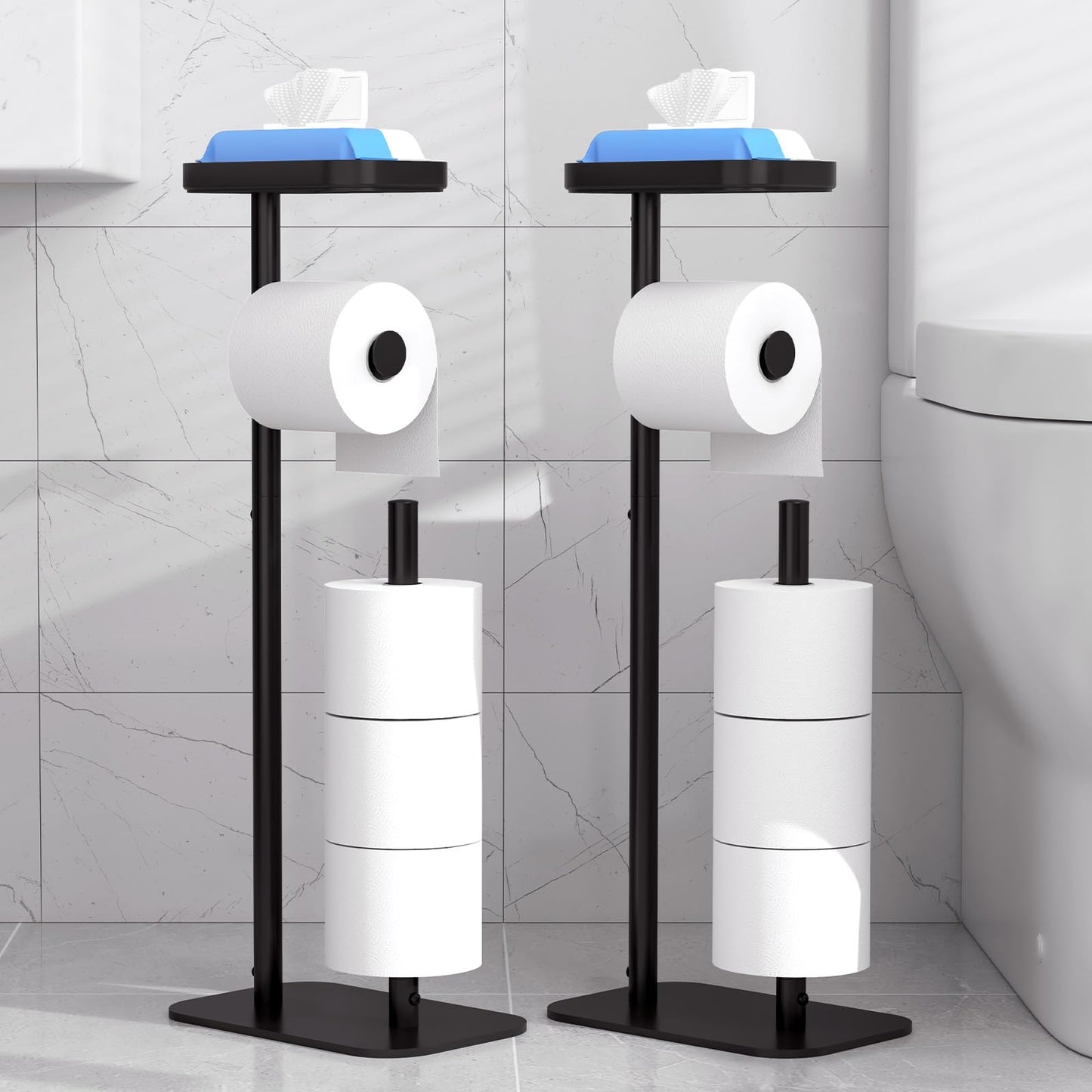 Kitsure Toilet Paper Holder Free Standing – Rustproof Metal Toilet Paper Stand for 4 Rolls with Anti-Slip Base and Shelf for Phone & Small Items, Bathroom Organizers and Storage, Black