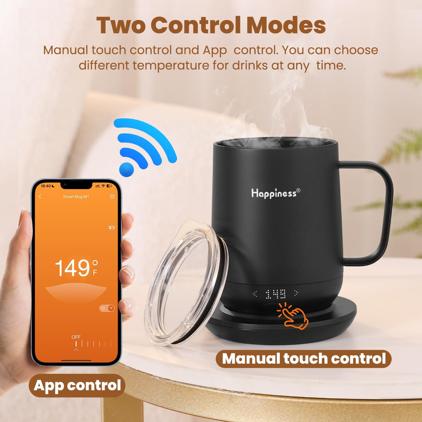 Happiness Smart Heated Coffee Mug,12oz Rechargeable Electric Self Heating Temperature Control Coffee Cup,Gifts for Mom Dad Grandma Wife