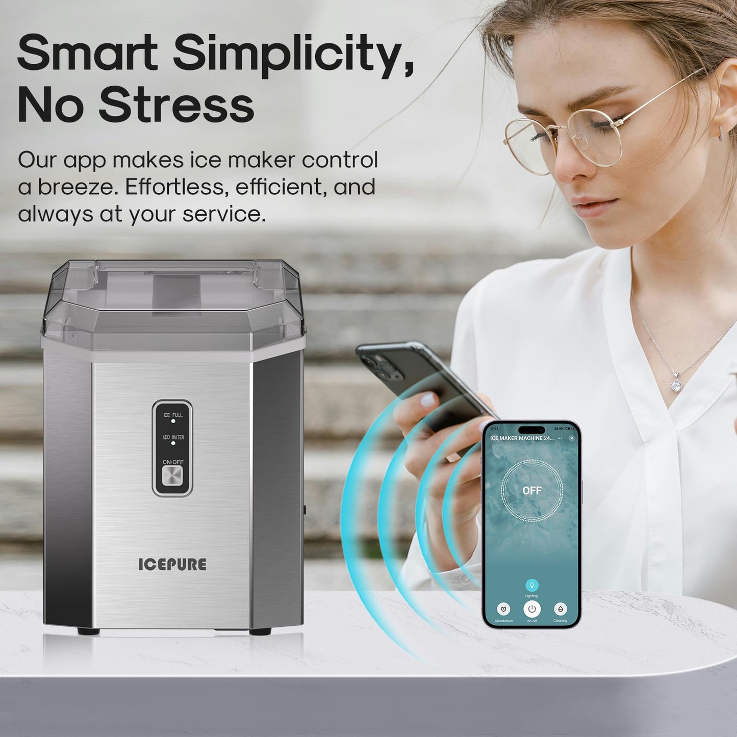 ICEPURE Nugget Ice Makers Countertop with App, Portable Ice Machine with WiFi, 33lbs in 24H, Ready in 5-10 Mins, Self Cleaning,Small Ice Maker with Basket Scoop, for Home/Party/RV(Stainless Steel)