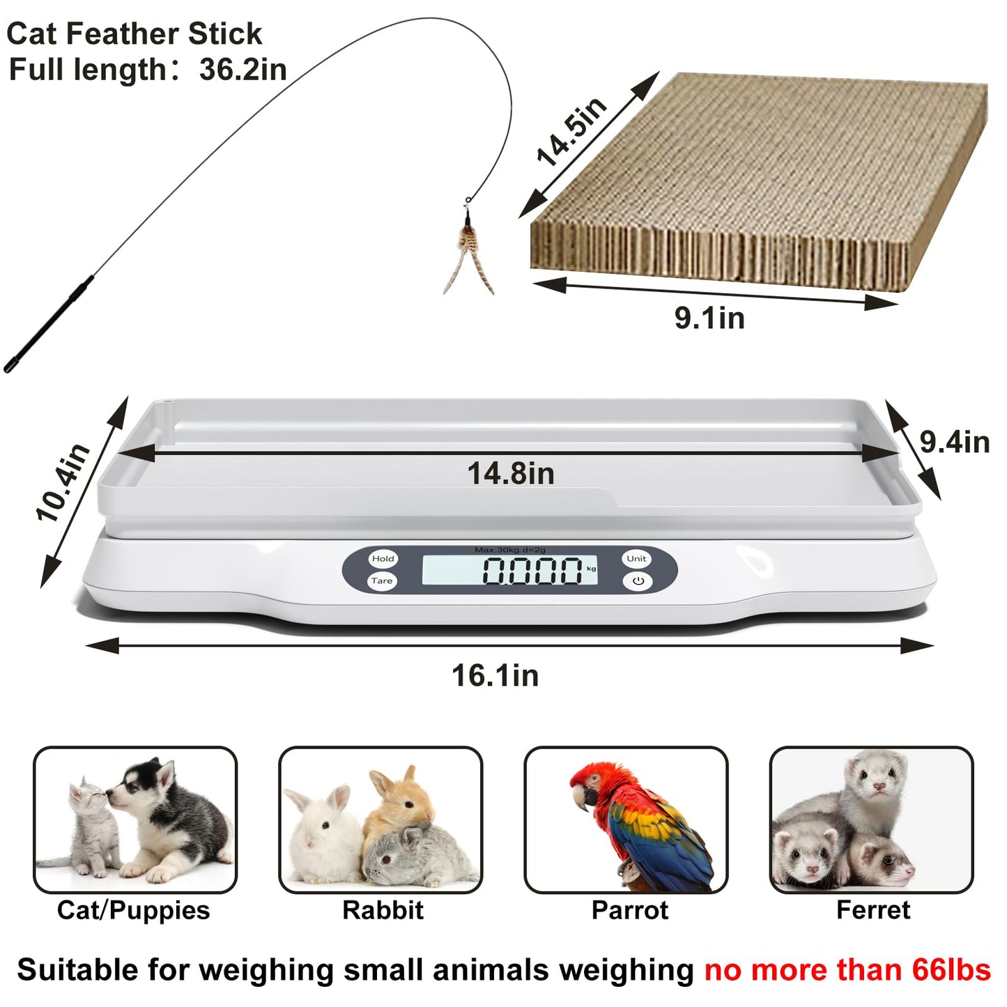 LFGKeng Digital Small Animal Scale, Pet Weight Scale with Cat Scratcher, Capacity up to 66 lb, Measure Accurately, Tray Length 16in, Multifunction Digital Weighing Scale for Pet, Baby, Kitten, Puppy