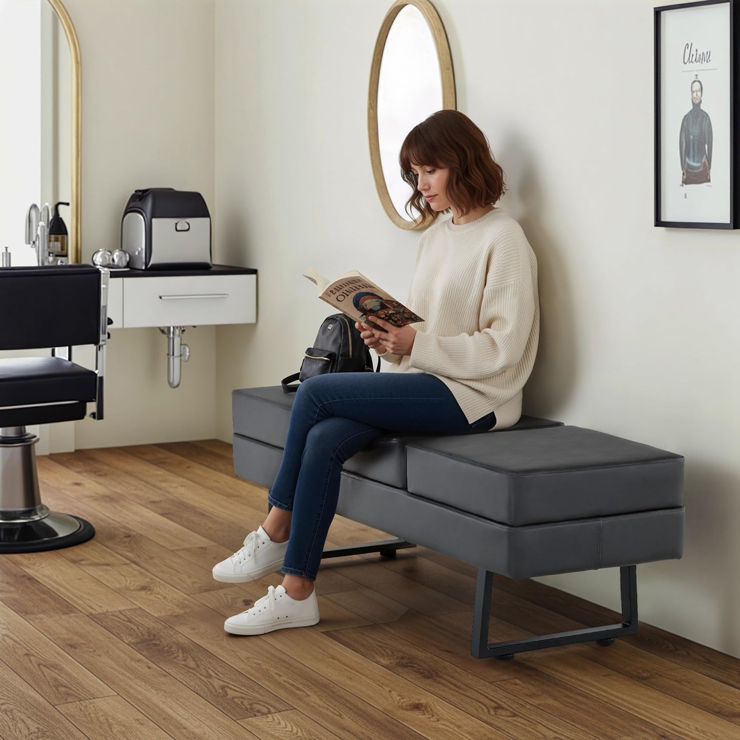 BarberPub Waiting Room Chairs, Heavy Duty Office Guest Reception Bench, Faux Leather Upholstered Lobby Chairs for Salon, Conference Room 7008 (Dark Grey)