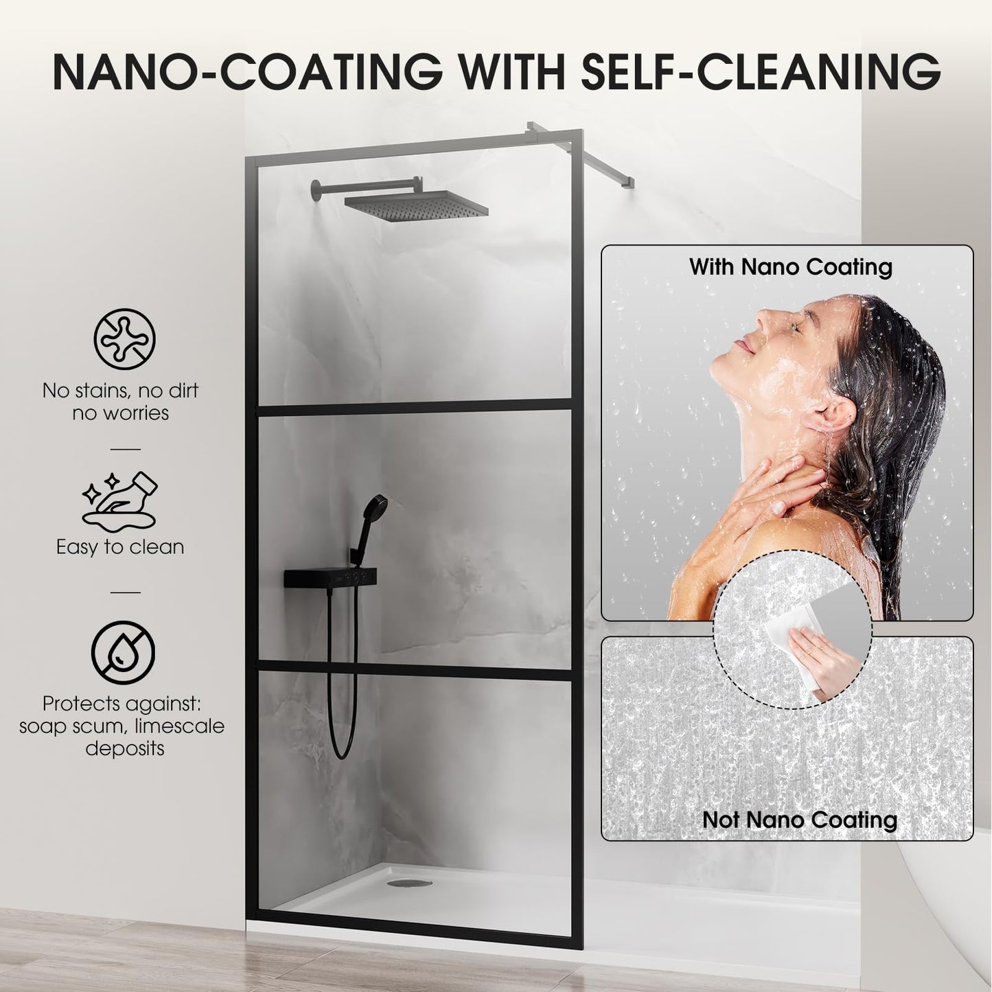 LARWORKS Walk in Shower Door, 40" W x 75" H Fixed Shower Glass Panel, 1/5"(5mm) Tempered Glass Shower Screen for Bathroom, 3 Glass Panels & Adjustable Support Bars - Matte Black