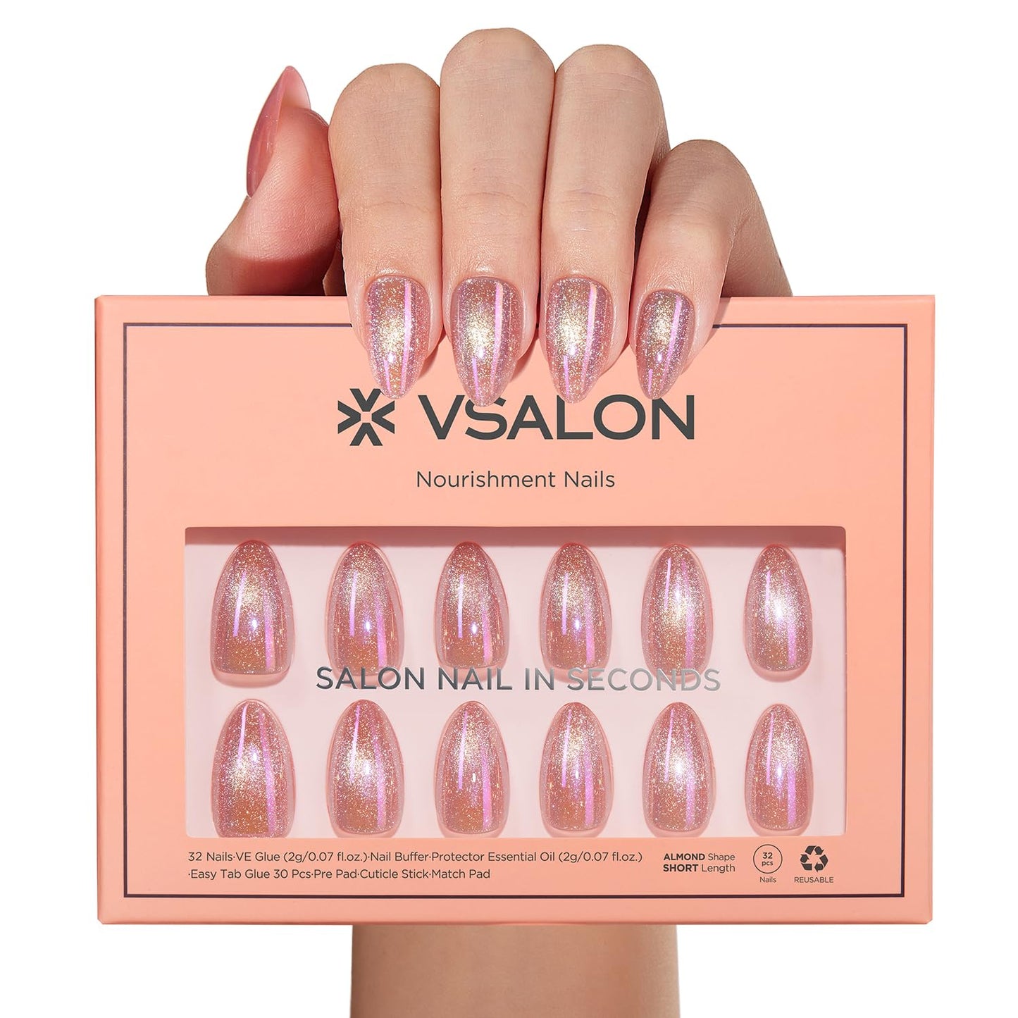 VSALON Press on Nails Short Almond - Pink Cat Eye Pastel Glitter Holographic Spring Fake Nails Kit, Reusable Opaque Gel Chrome Glue on Nails with Glue & Cuticle Oil