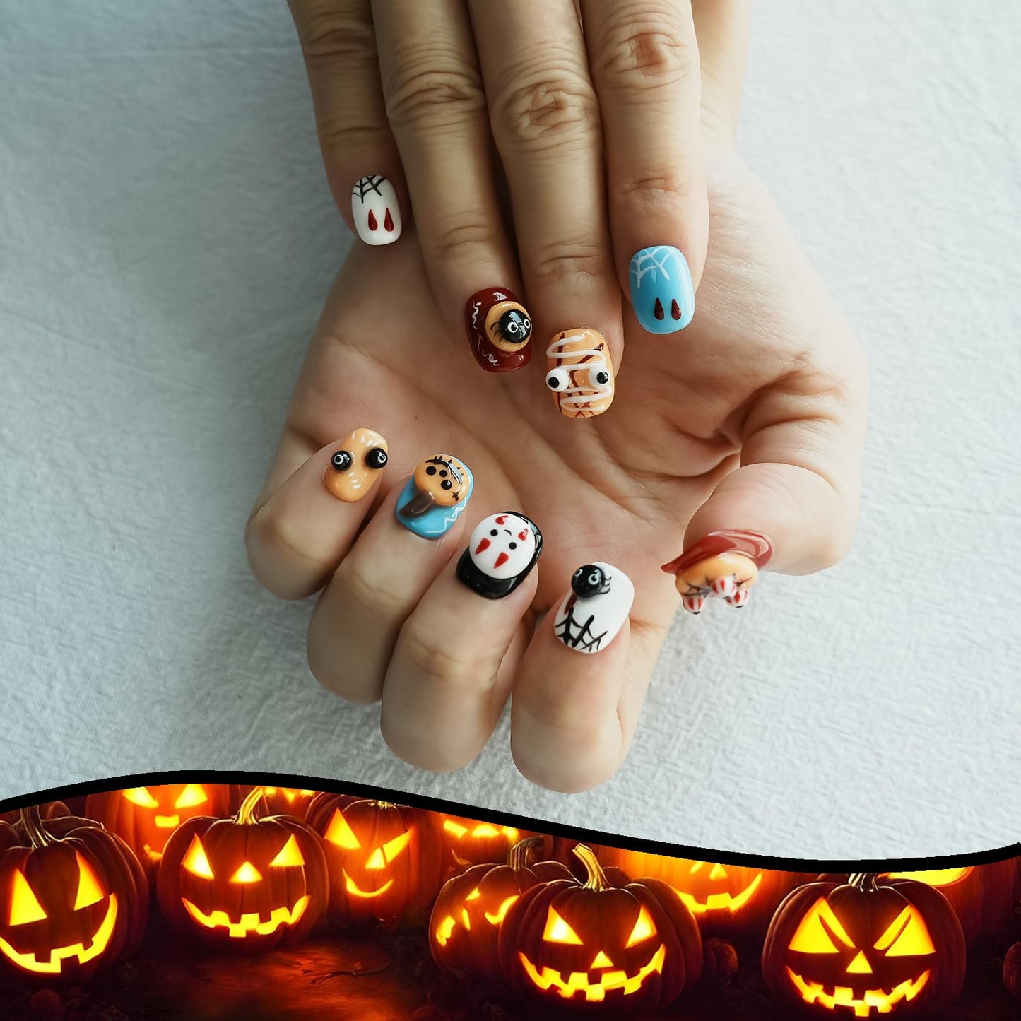 Handmade Kawaii 3D Embossed Press on Nails Short Round - Colorful Cute Character Art, Luxury Pop Art Aesthetic False Nails (Cute Ghost Party,S)