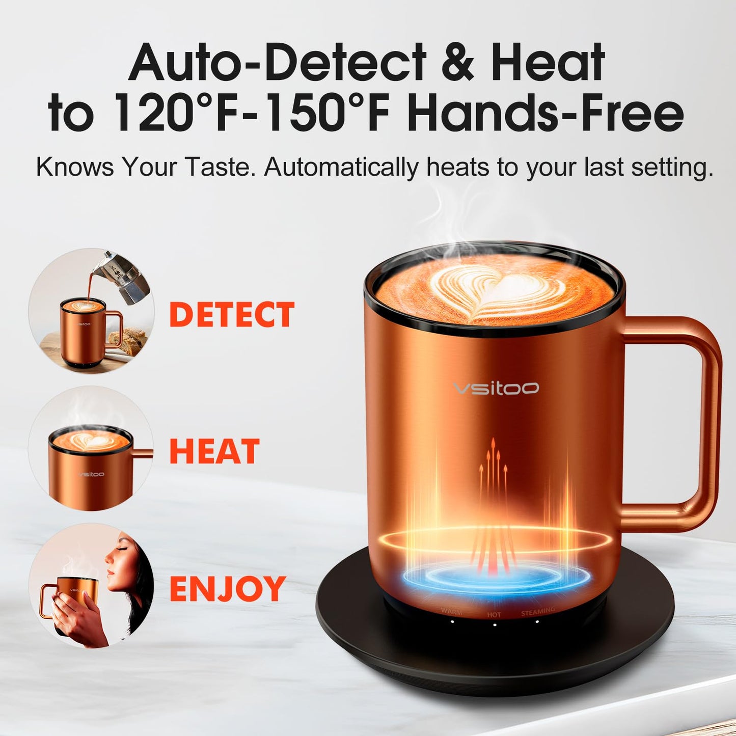 Vsitoo S3 Plus 14oz Heated Coffee Cup - Temperature Control Smart Mug with Mug Warmer, Auto-Sensing AI Heats Drinks to 120-150°F Hands-Free.Ideal for Home/Office/Gifts,Copper