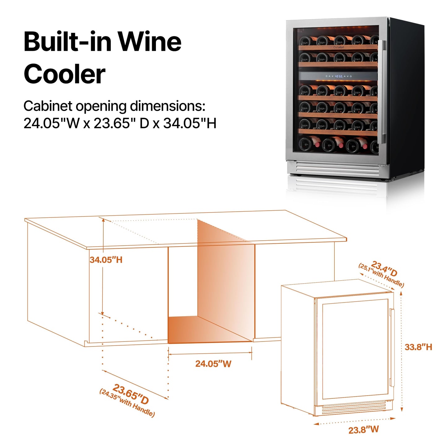 Ca'Lefort 24 Inch Wine Fridge Refrigerator - 52 Bottles Dual Zone Cooler with Glass Door, Built-in Compressor Fridge with 3 LED for Home Office Bar Left-Hinged Door (5.65 cu.ft)