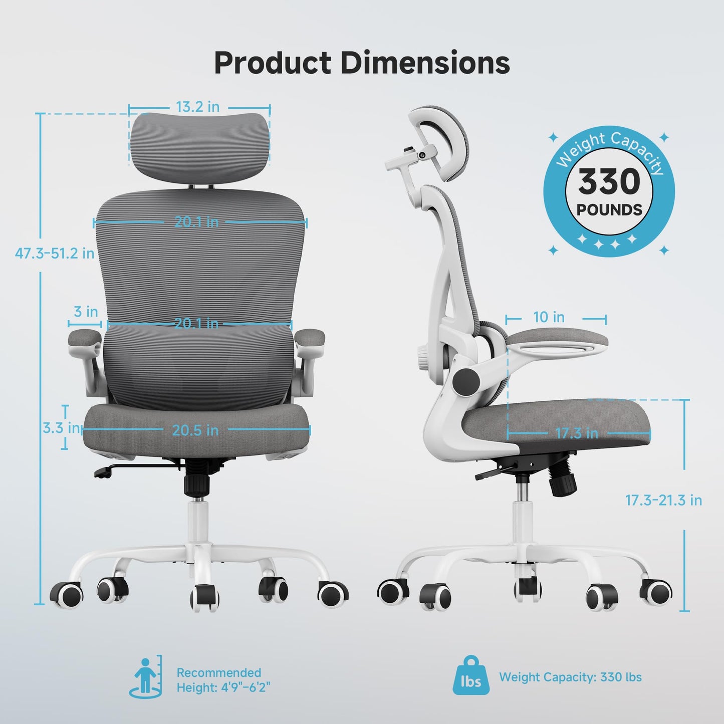 PKPT Ergonomic Office Chair, 330LBS Desk Chair with 3-Level Lumbar Support & Headrest, Breathable Mesh Backrest, Flip-Up Armrests for Home Office and Gaming, White and Gray