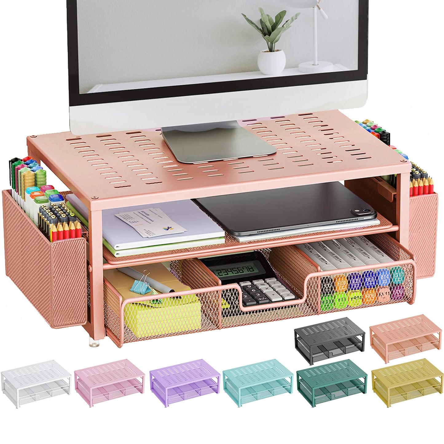 gianotter Desk Organizers and Accessories, Monitor Stand with Drawer and 2 Pen Holder, Desktop Organizer Suitable for Offices and Dormitories(Black)
