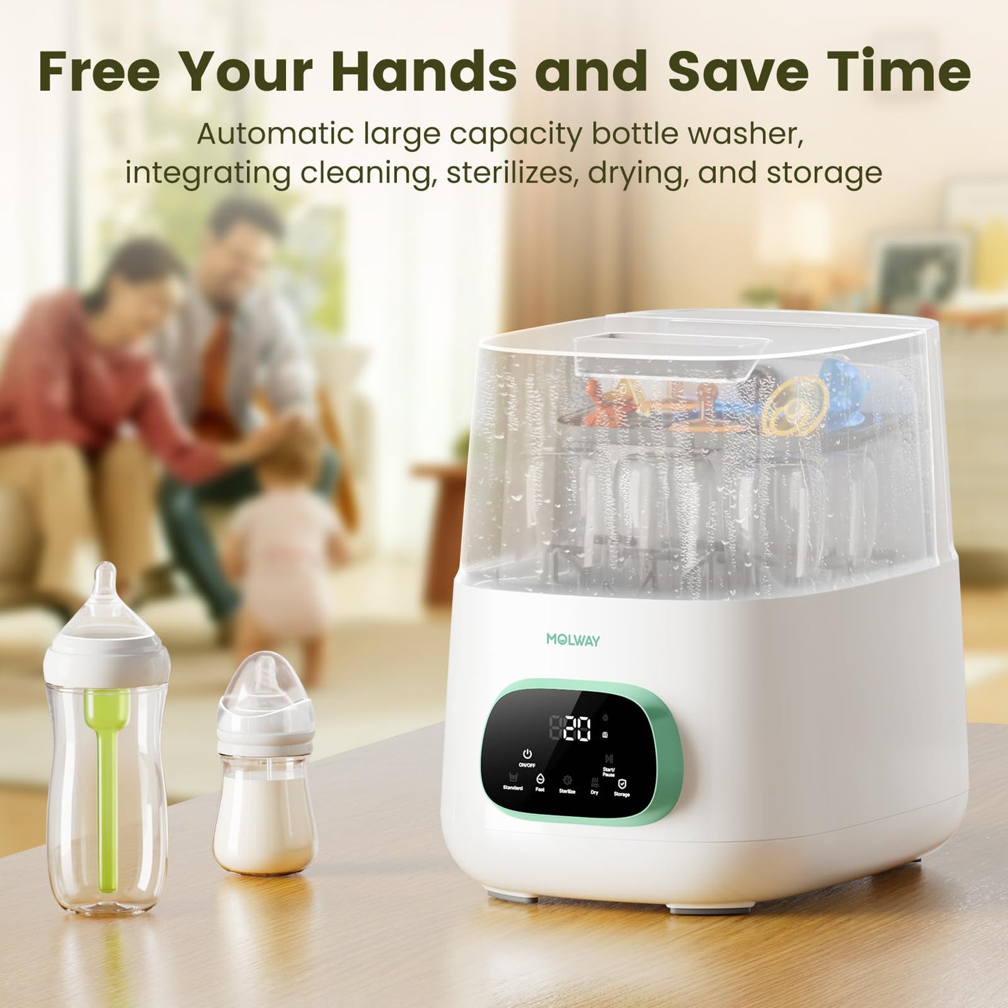 MOLWAY【Upgraded Baby Bottle Washer, Sterilizer and Dryer, All-in-One Pro Cleaning Machine for Bottles, Pump Parts & Baby Essentials, Effortless Care, Replaces Hand Washing