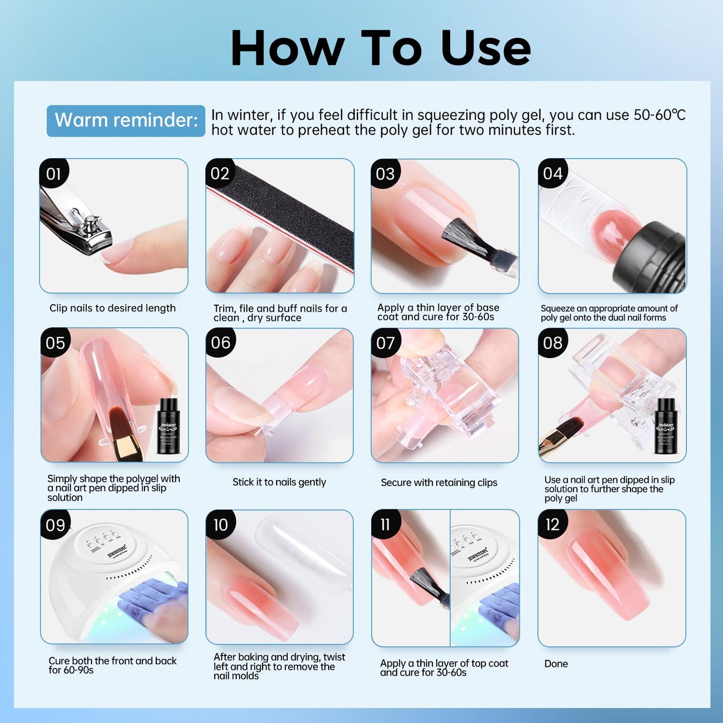 JEWHITENY Poly Nail Gel Kit 14 Colors Purple Nude Grey Black Blue Glitter Tones Starter Kit with UV Lamp Matte & Glossy Top & Base Coat All-in-One Designs DIY At Home