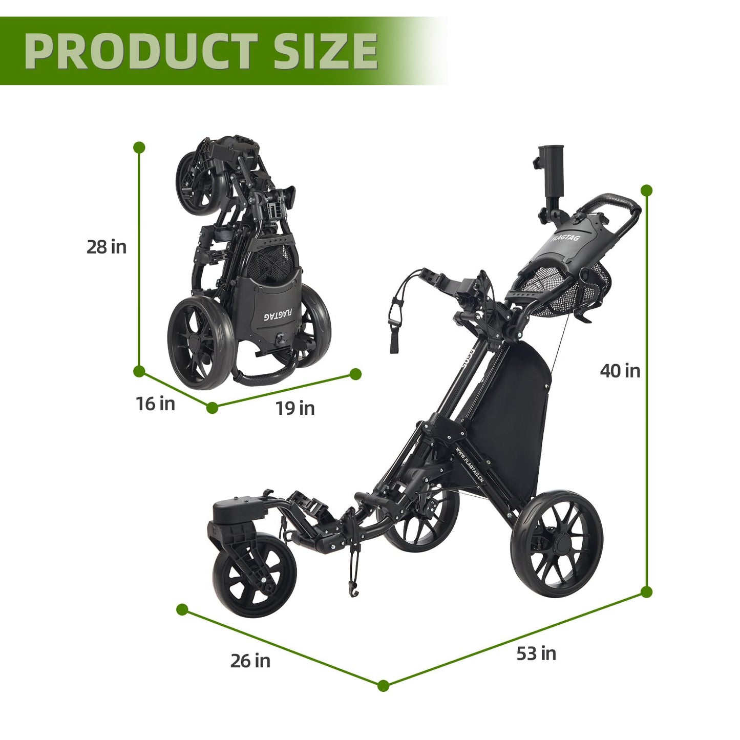 FLAGTAG Golf Push Cart 3 Wheel with 360 Swivel Front Wheel,Lightweight and Foldable Walking Golf Cart,One-Click Foldable,with Foot Brake