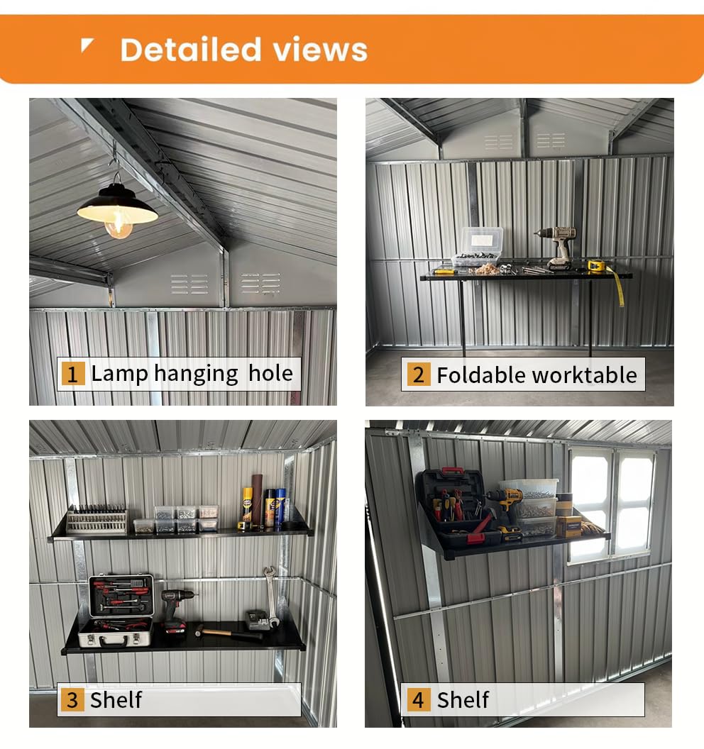KEIKI 12x10 FT Metal Garden Shed with Window & Storage Shelves, Outdoor Storage House, Apex Roof Ventilated Utility Shed with Hinged Door for Backyard Tool Organization, Lock Included, Black