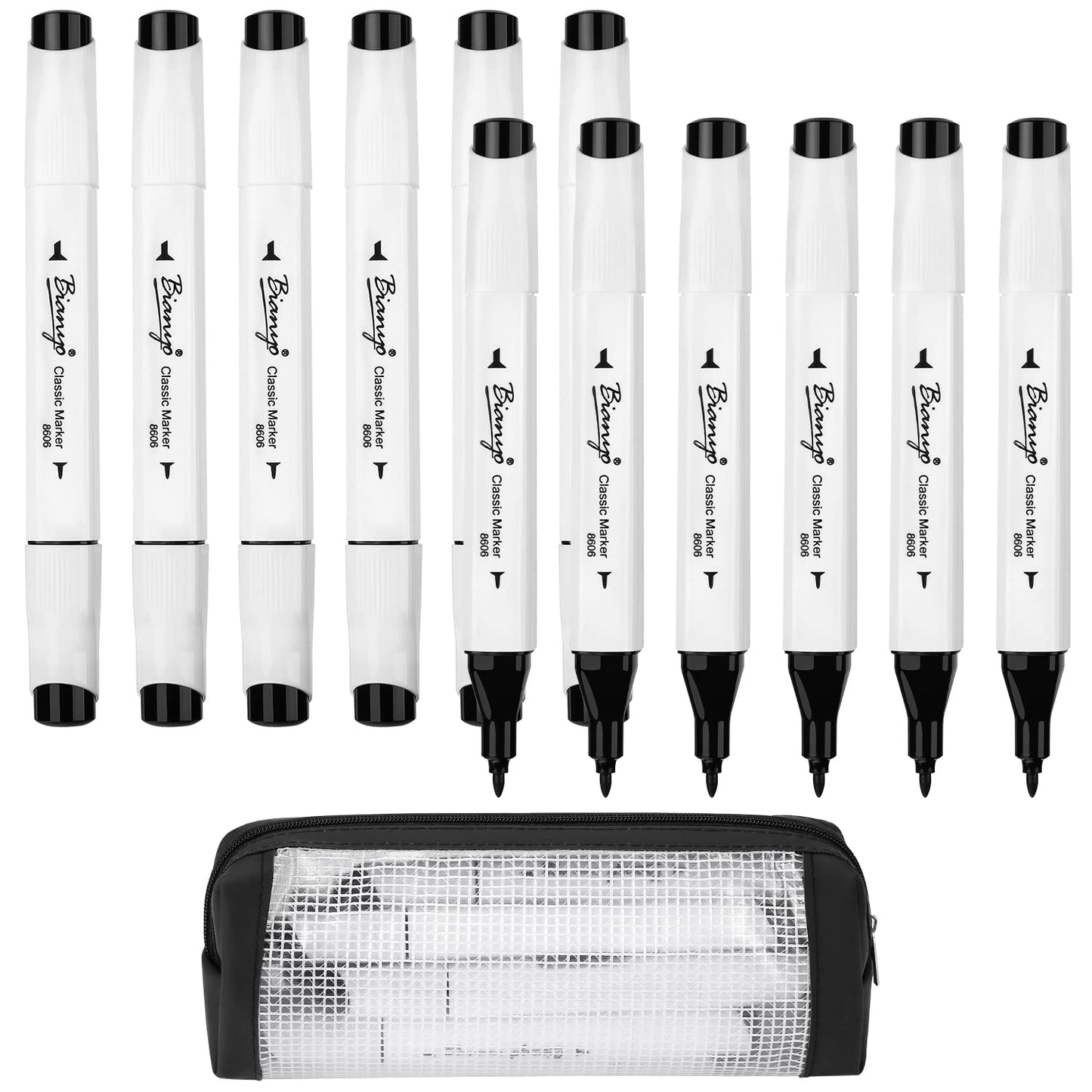 Bianyo Black Alcohol Markers Set, Set of 12, Dual Tip Bullet & Chisel Art Marker Set with Pen Case for Drawing, Sketching, Outlining, Highlighting, Designing