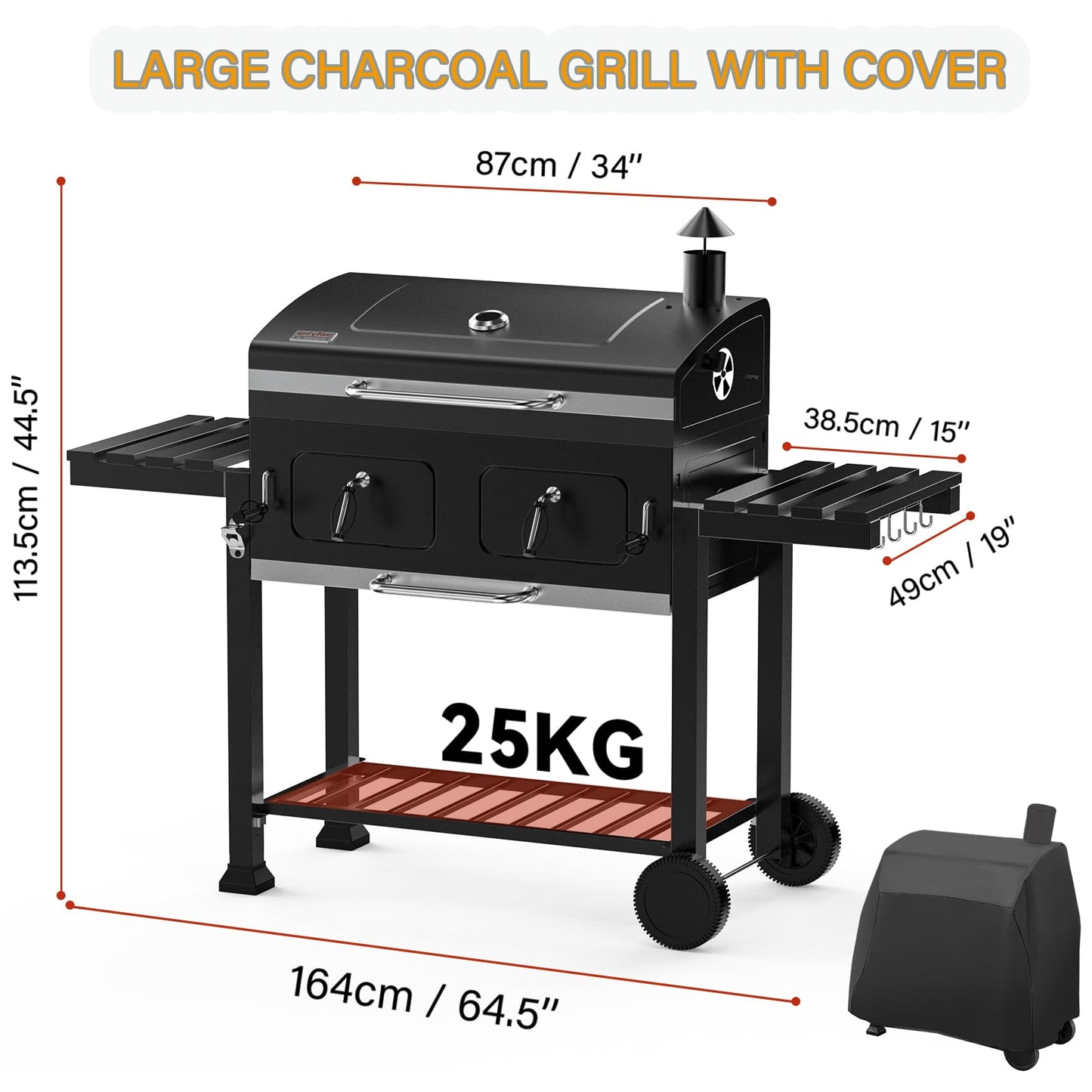 ONLYFIRE GRILLS Extra Large BBQ Charcoal Grill with Cover, 794 SQ.IN Cooking Area, Heavy Duty Outdoor Barbecue Grill with 2 Individual Lifting Charcoal Tray and 2 Side Tables, Sturdy Wheels, GS339