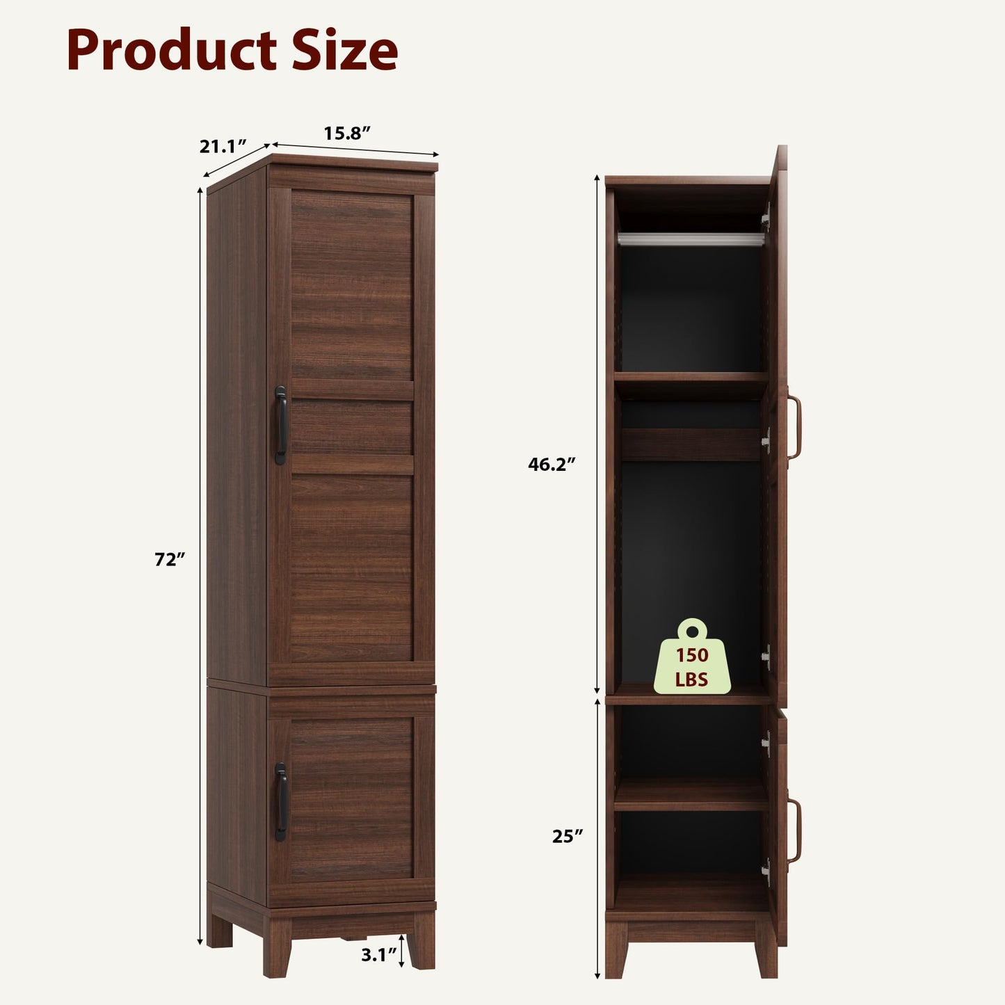 GarveeHome Armoire Wardrobe Closet with 2 Doors, Wooden Wardrobe Cabinet with Hanging Rod, 72 in Narrow Tall Clothing Armoire Cabinet with 18 Adjustable Shelves for Clothes, Bedroom, Walnut