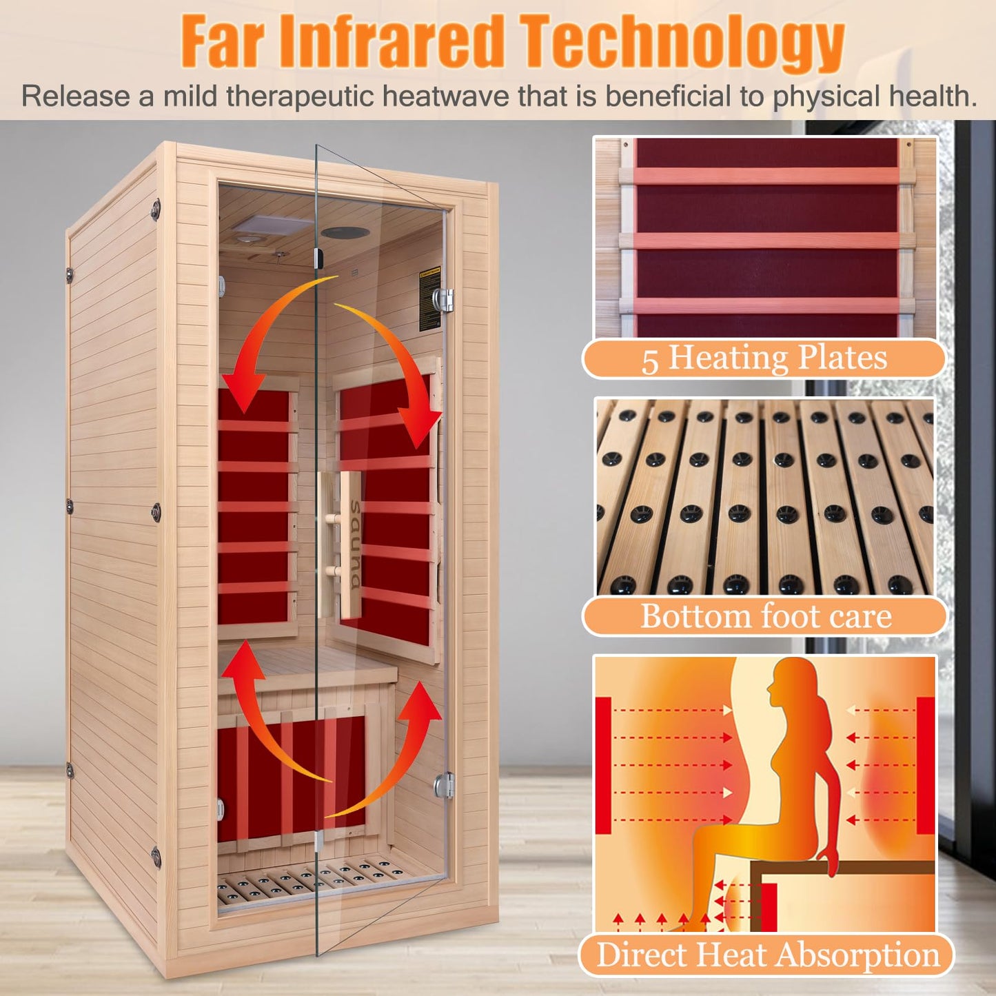 Homsido Infrared Home Sauna Room 1 Person Hemlock Wooden Indoor Dry Sauna,Low EMF 1200W/110V Heaters Panels,LCD Control Panel,10 Minutes Pre-Warm up,Time and Temp Pre-Set,1-Year Aftersale