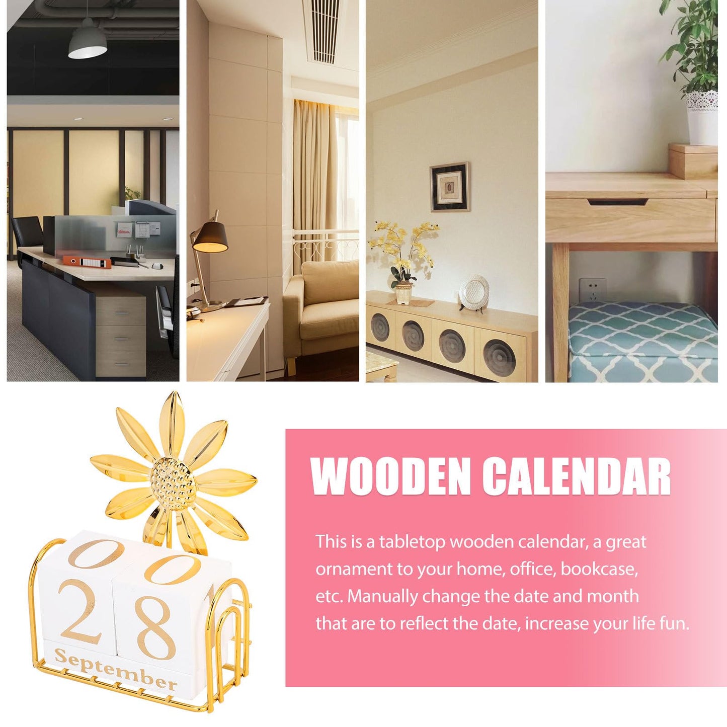 SUPVOX Wooden Perpetual Calendar Blocks for Desk, Office, Home Decor, Adjustable Wood Month Date Display Blocks, Sunflower Design, 4.72 X 3.54 X 1.57 Inches