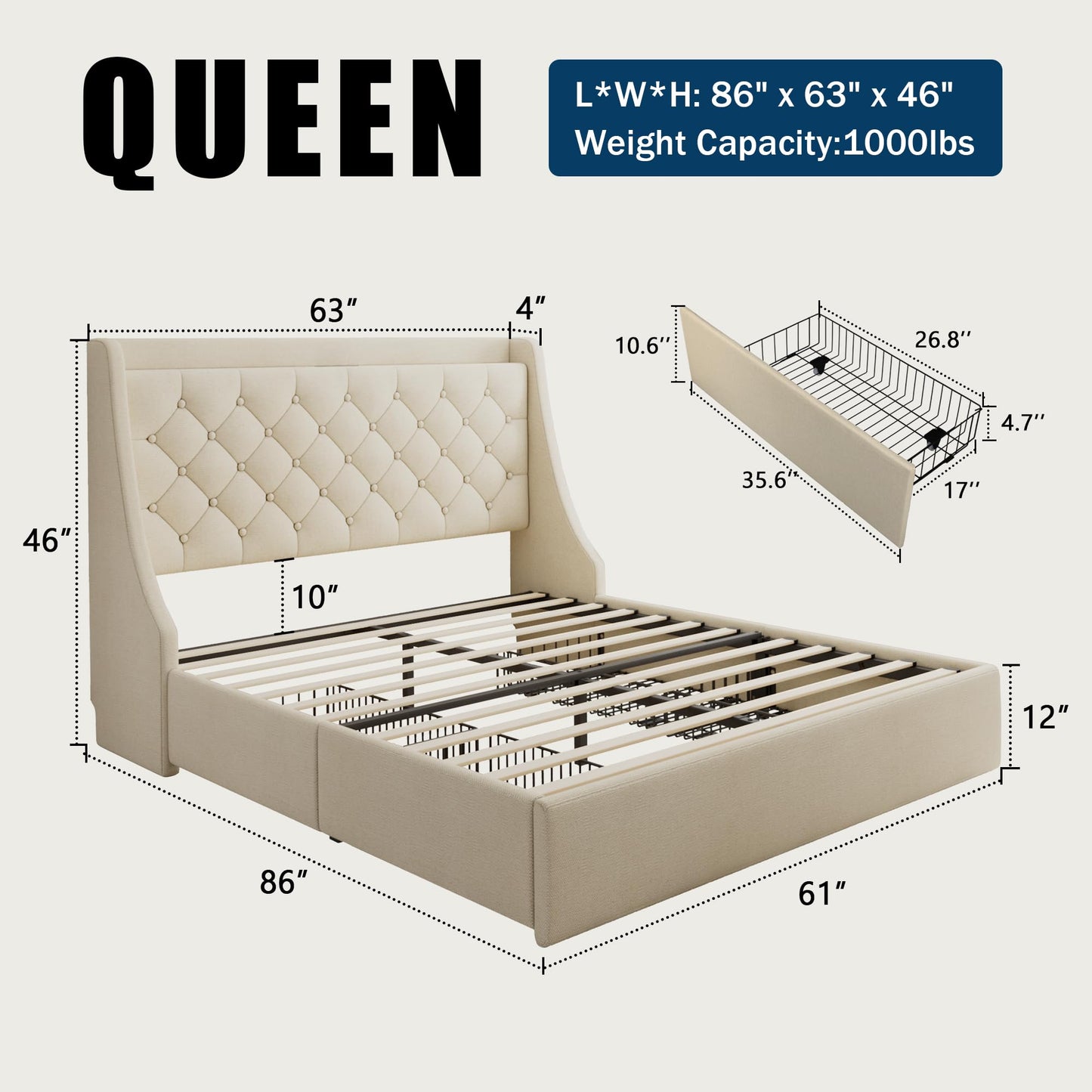 GalnFu Queen Bed Frame with 4 Storage Drawers, Huge Upholstered Wingback Headboard, Fast Charging Station, No Box Spring Needed, Noise-Free, Beige