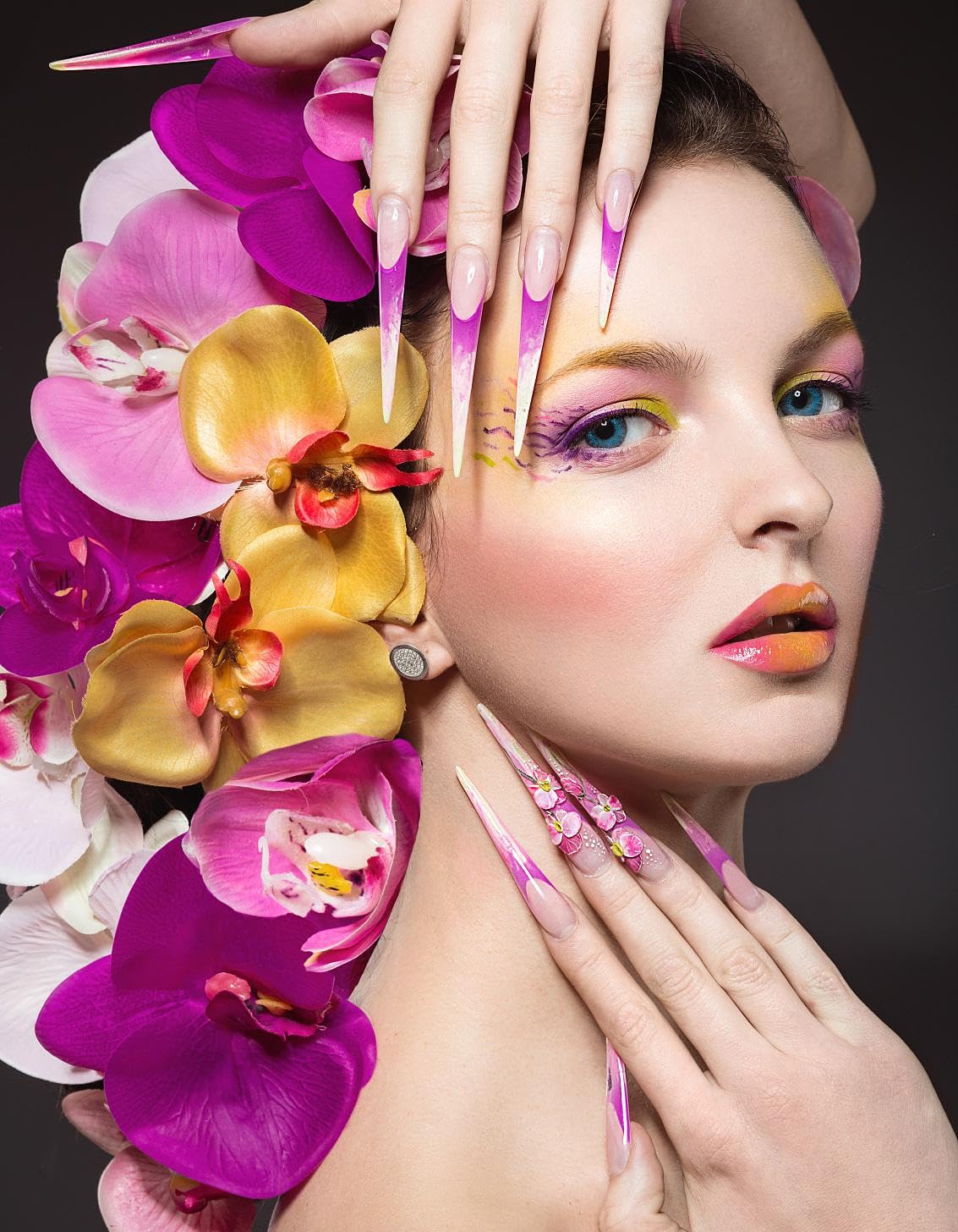 Handmade Almond Press on Nails Long Tip False Nails Summer French Tip Nails Press Ons with 3D Flowers Design Reusable Fake Nails Luxury Full Cover Stick on Nail for Women Manicure 10Pcs (Size M)